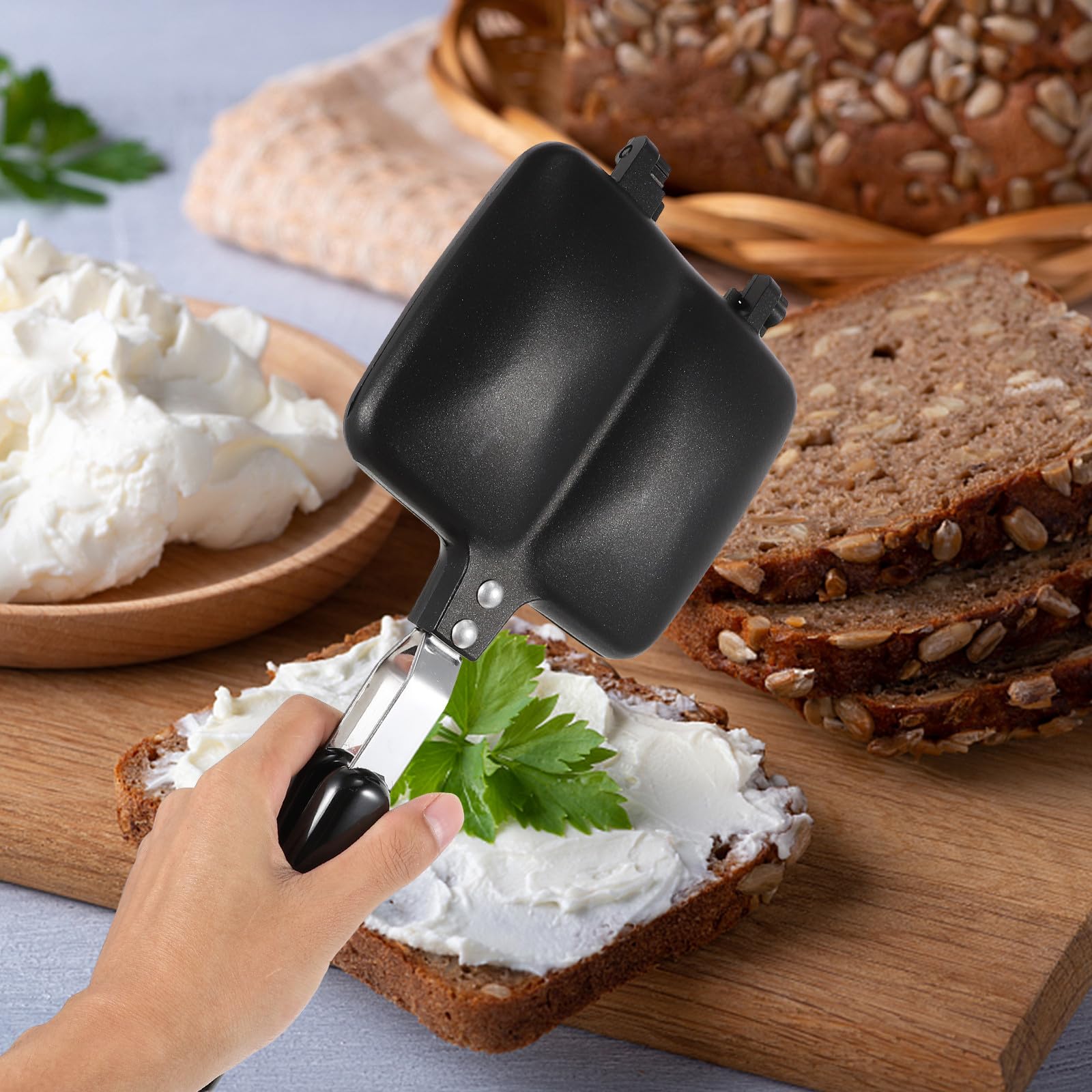 Kichvoe Sartén Sandwichera de Doble Cara Antiadherente y Fácil de Limpiar Molde para Sándwiches y Pan Tostado, Aluminio Negro para Hogar y Exteriores