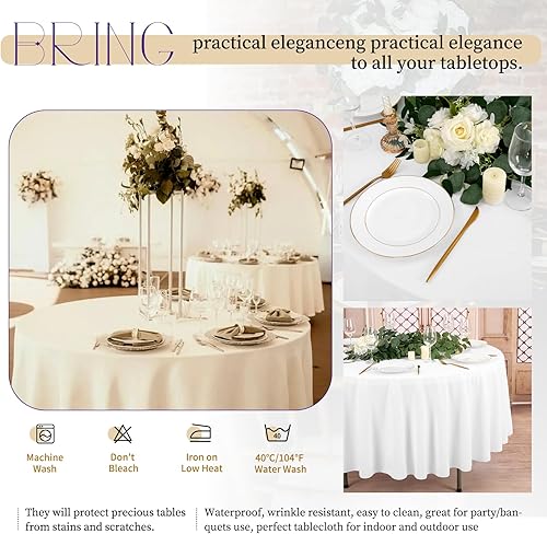 Miniatura 4 de Paquete de 12 manteles redondos blancos de 108 pulgadas de poliéster, manteles blancos para mesas redondas, impermeables, resistentes a las manchas,