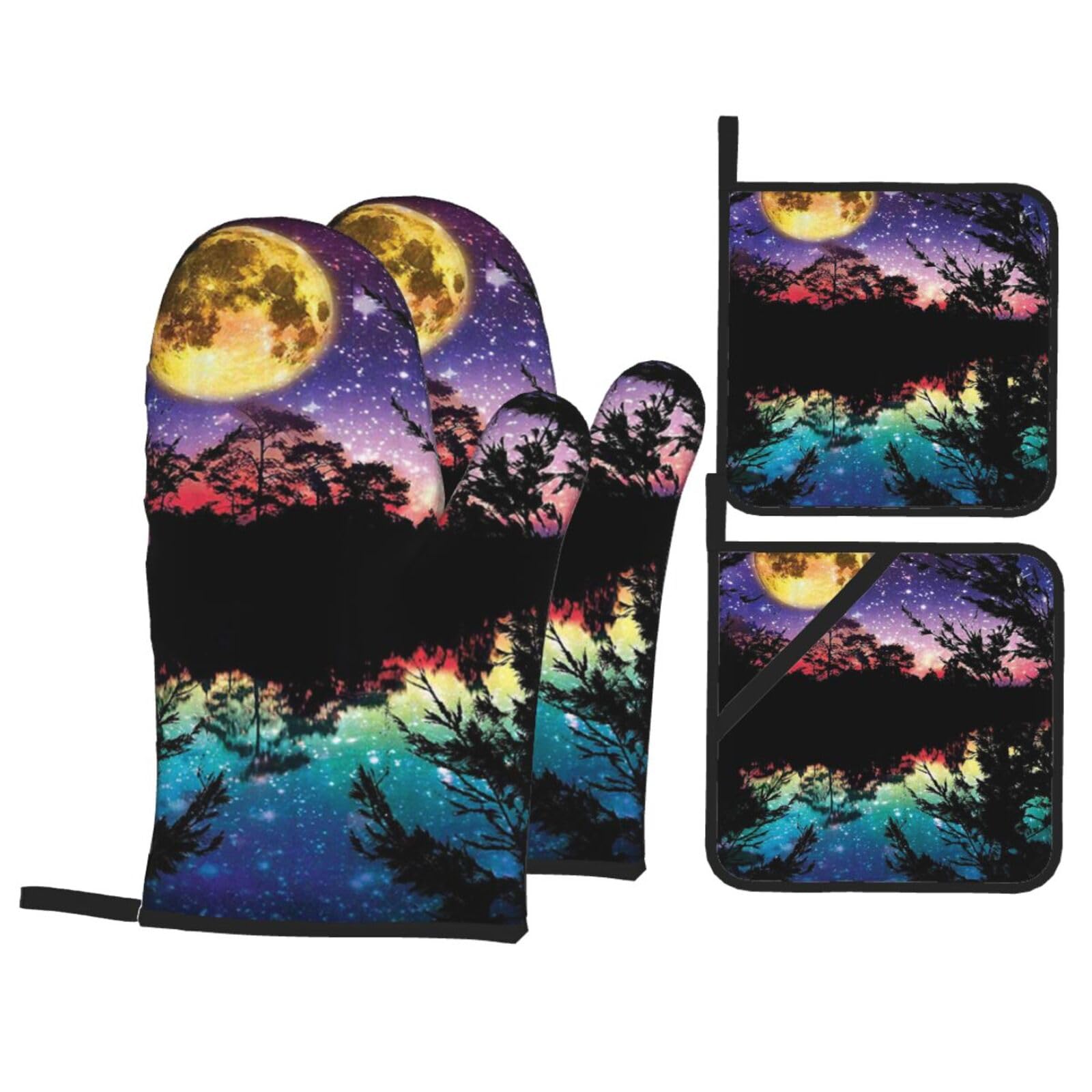 Night Sky With Trees Print Stylish Heat-Resistant Oven 4-Piece Set Kitchen Gloves Roasting Daily Cooking