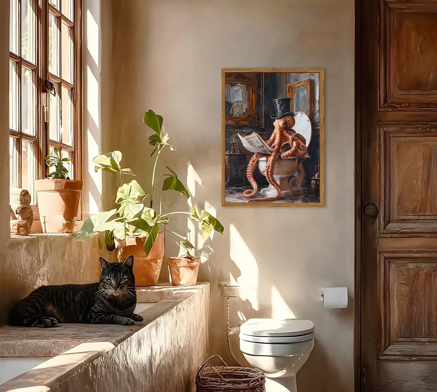 Framed Funny Bathroom Wall Art, Vintage Octopus Reading Newspaper on Toilet Pictures Wall Decor, Steampunk Ocean Animal Paintings Canvas Prints Whimsical Home Decor for Restroom Dorm 12x16 inch