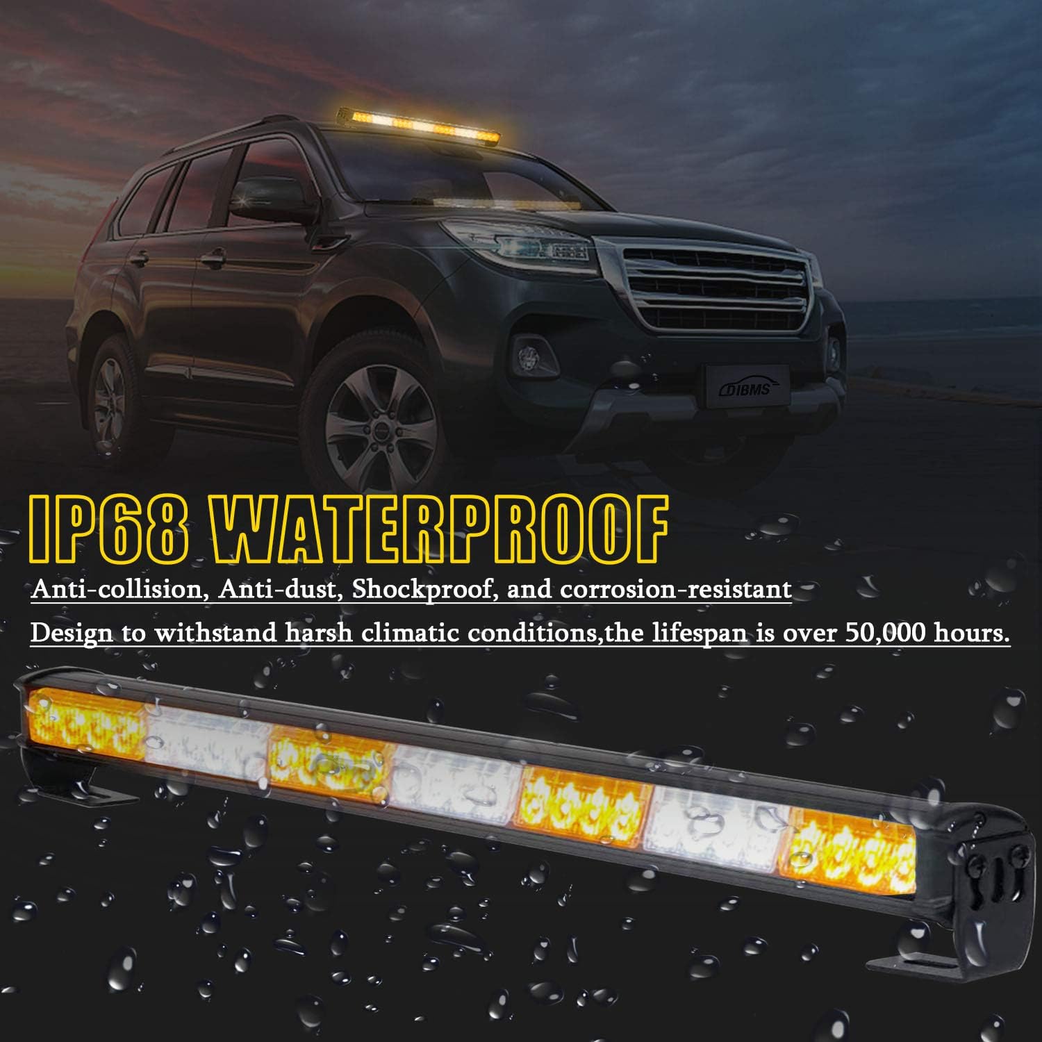 LED Traffic Advisor Strobe Light Bar DIBMS 30 Inch 13 Flash Patterns Emergency Warning Hazard Windshield Safety Lights Bar with Cigar Lighter for Cars Trucks Law Enforcement Vehicles SUV (Amber White)