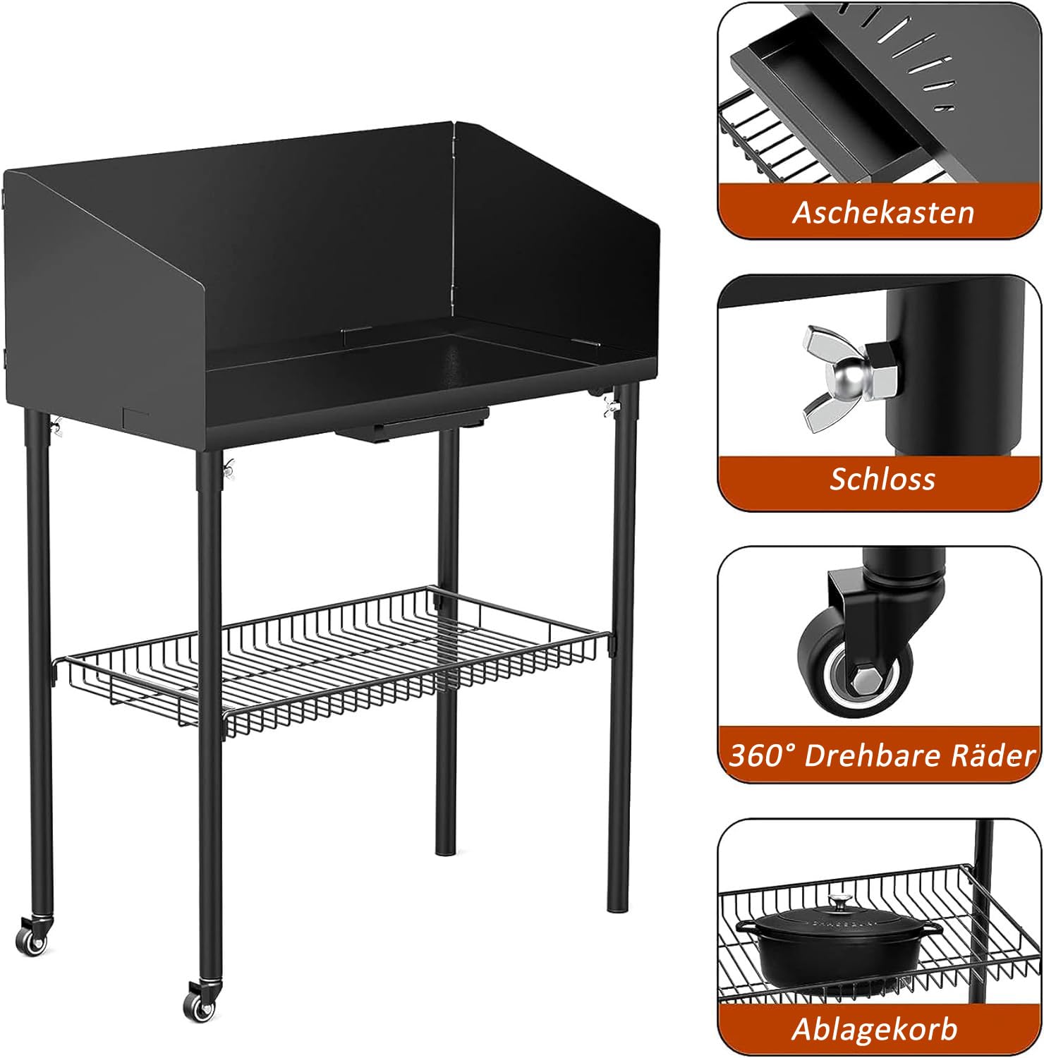 onlyfire 76 × 41 cm grill na kółkach z ochroną przed wiatrem i półką | Stół Dutch Oven, stół do grillowania do garnka i akcesoriów do grilla, wiatroszczelna osłona ochronna