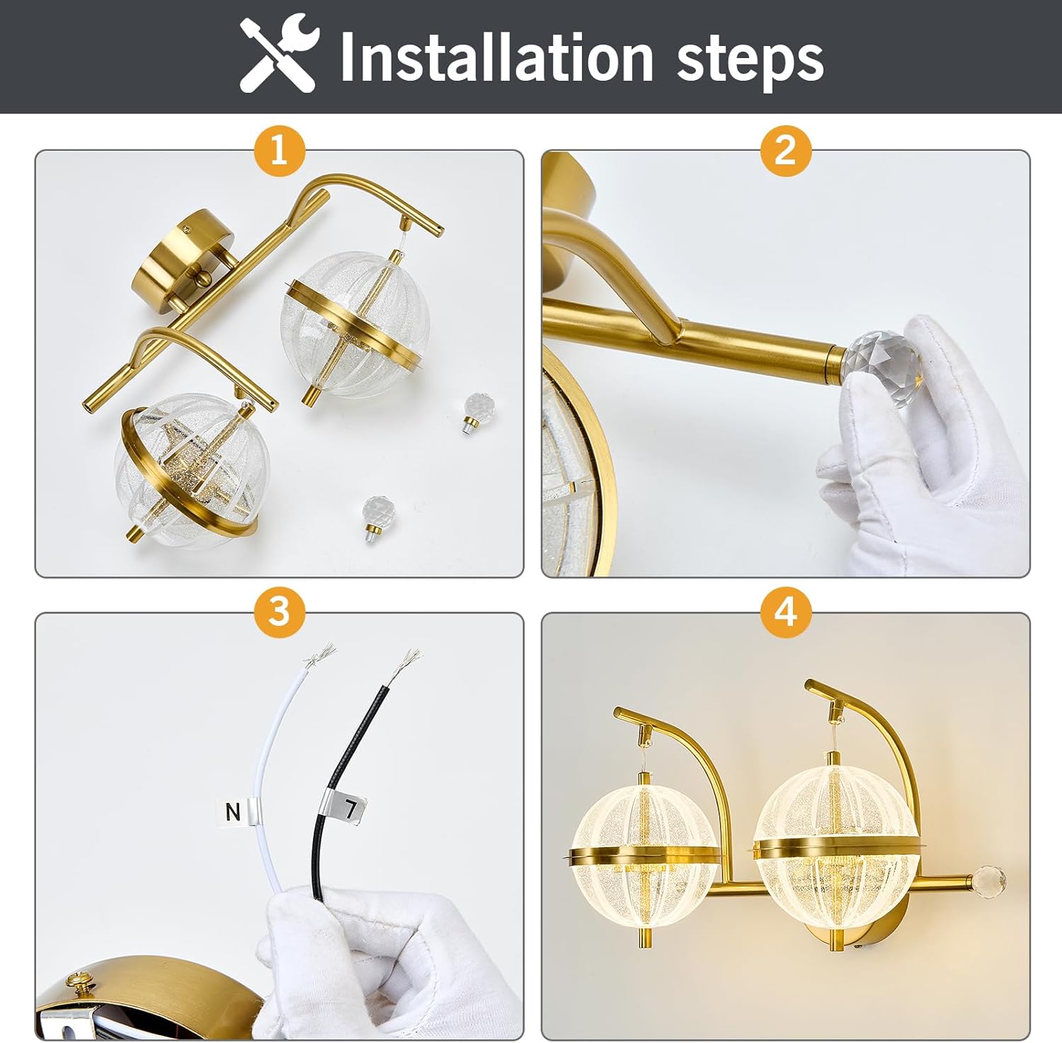 UOFUS 24W Gold Bathroom Light Fixtures Modern LED Vanity Light with Globe Acrylic LampShade 2 Lights Mid Century Wall Sconces Indoor Vanity Lights Over Mirror for Bedroom Hallway Entryway