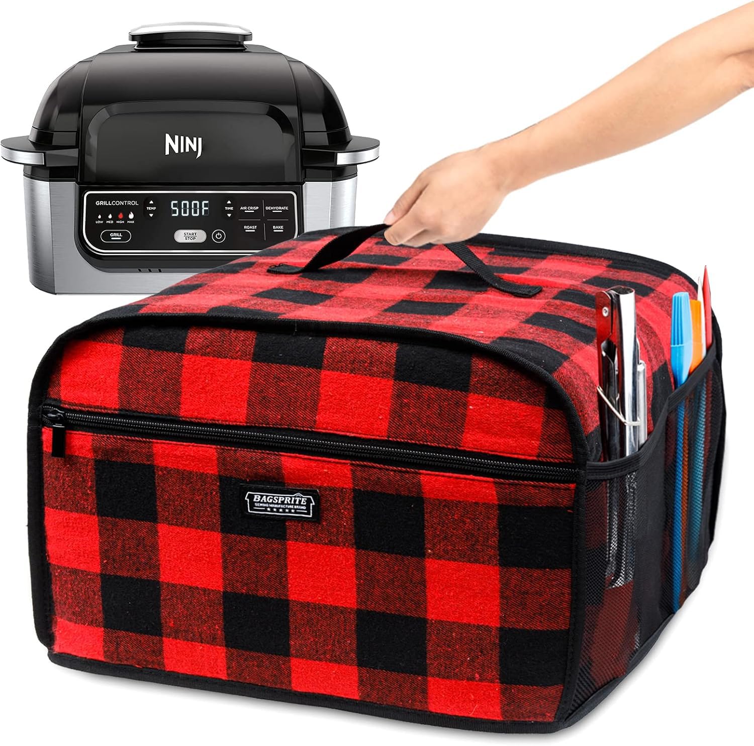 BAGSPRITE Dust Cover Compatible with Ninja Foodi Air Fryer, Foodi Grill (AG301, AG302, AG400), Appliance Cover with Pockets for Ninja Accessories, Buffalo Check