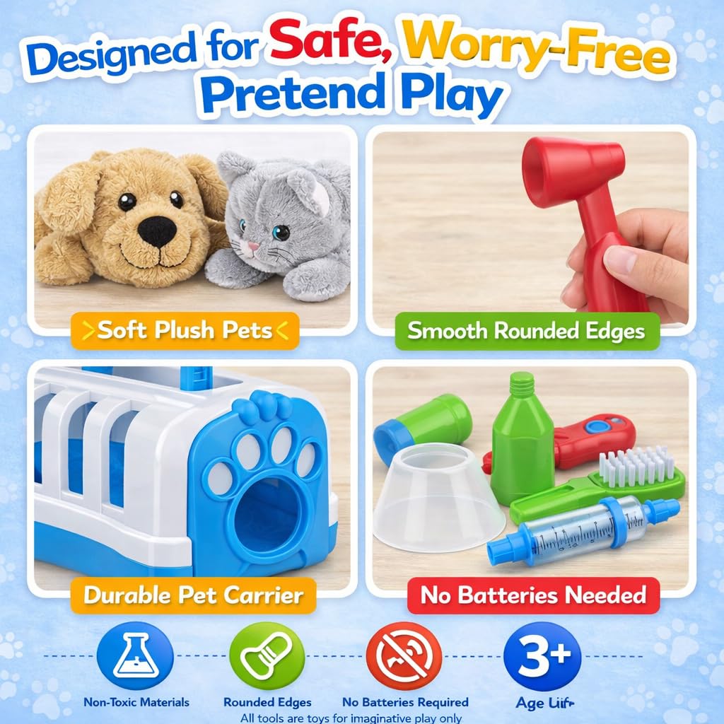 Liberty Imports Deluxe Complete Vet Pet Care Play Set | Veterinarian Pretend Doctor Role Play Grooming Toy Kit with Plush Dog & Cat (34 Pcs)