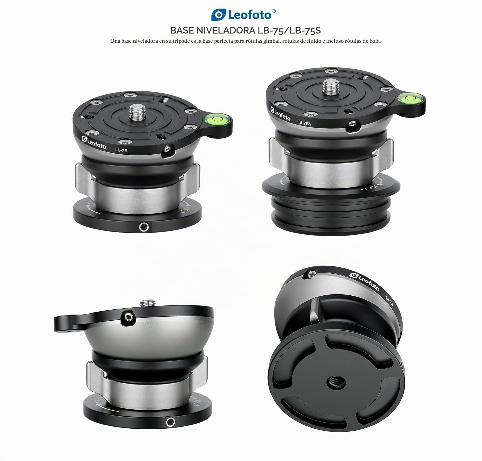 Base de nivelación LB-75 de 75 mm para trípode con cuello de bloqueo de mariposa, carga máxima de +/-15° de inclinación