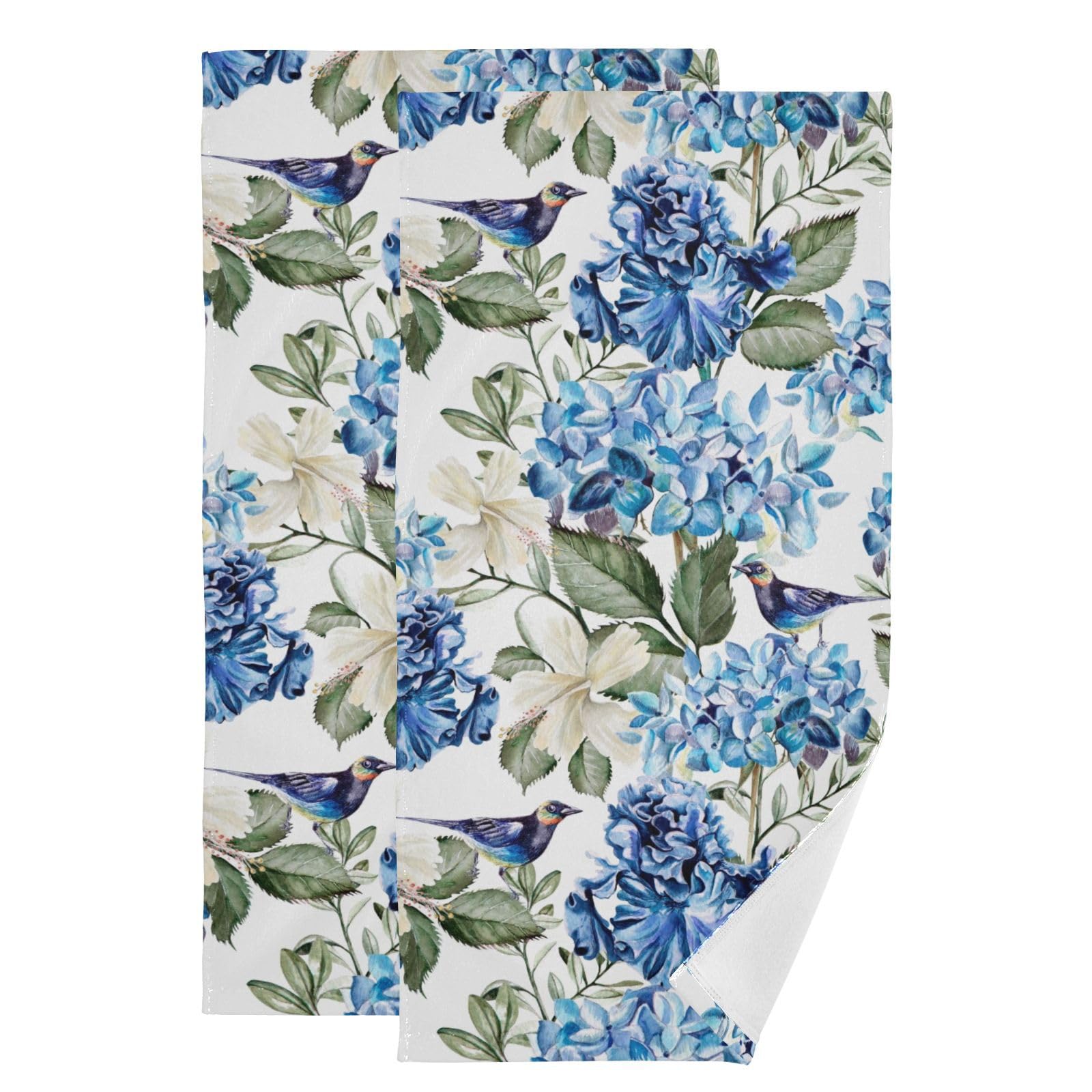 KENADVI Blue White Floral Hand Towels Set of 2 Soft Spring Hydrangea Hibiscus Flower Bath Fingertip Towels Decorative Hand Towels for Bathroom Guest
