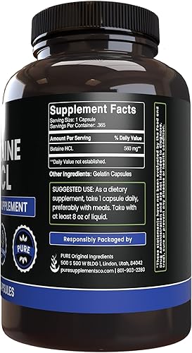 Miniatura 3 de PURE ORIGINAL INGREDIENTS Betaína HCL (365 cápsulas) sin magnesio o rellenos de arroz, siempre puro, verificado por laboratorio
