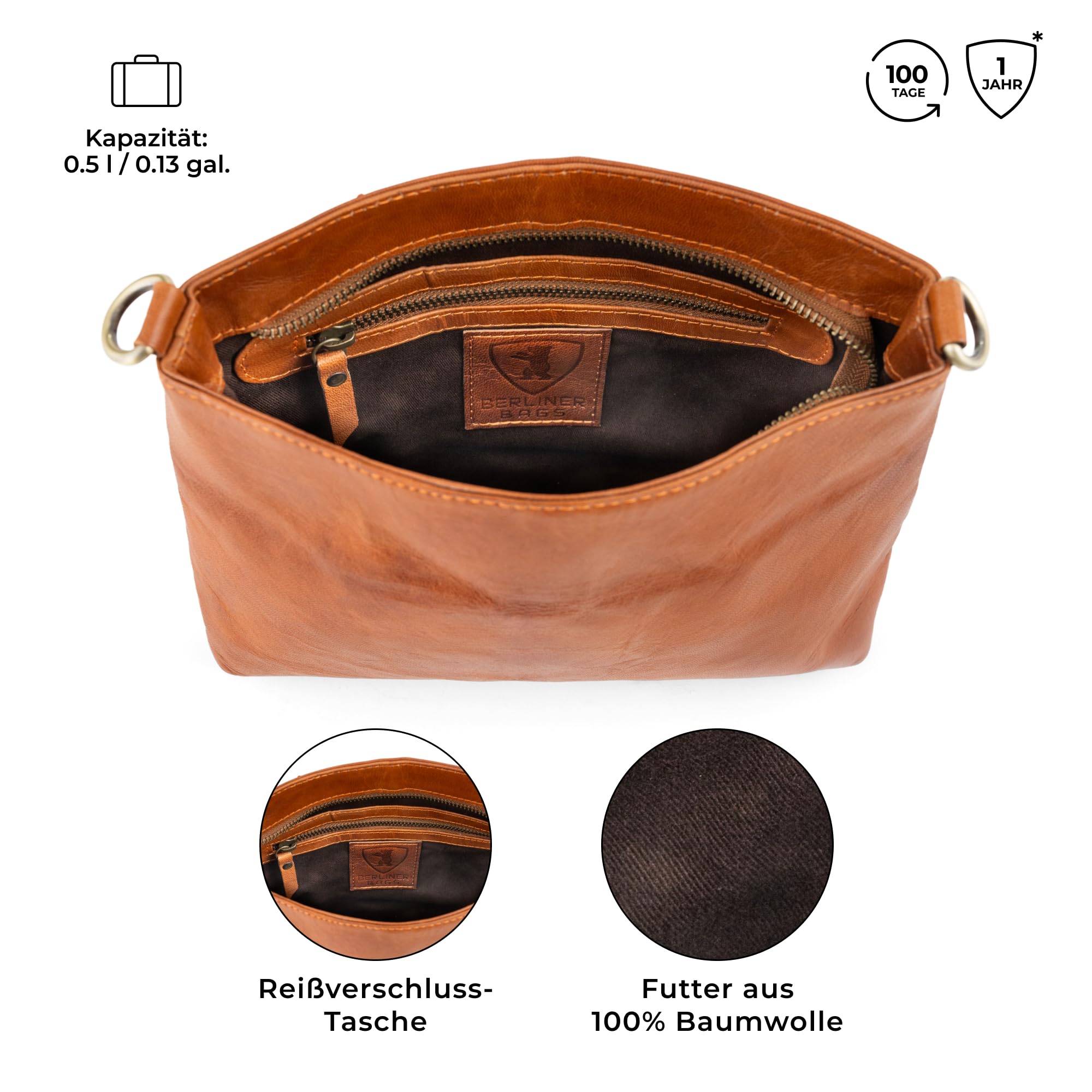 Berliner Bags Vintage Umhängetasche Marbella S, Mittelgroße Schultertasche Crossbody Bag aus Leder, Handtasche für Damen