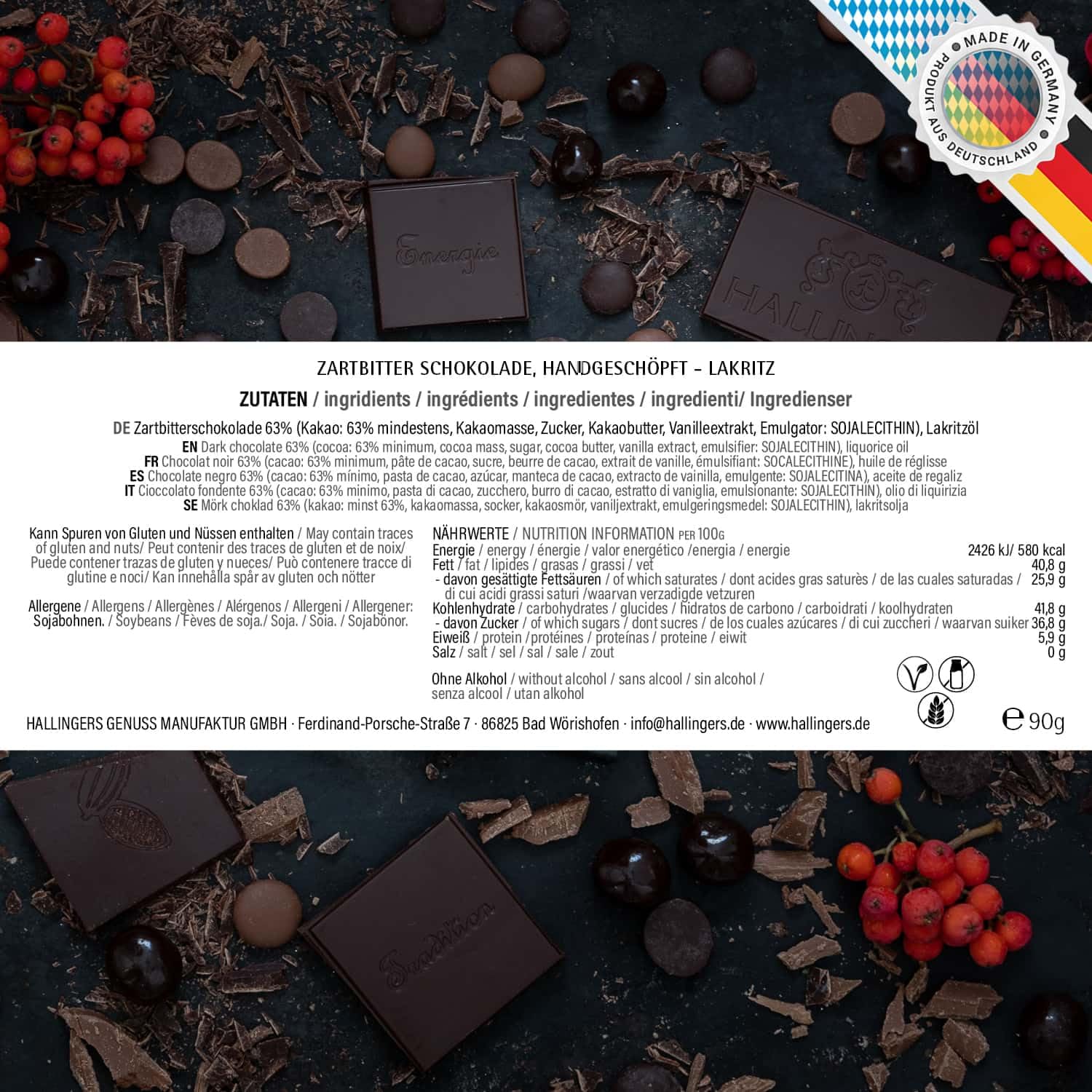 Hallingers Genuss Manufaktur Vegane Schokolade Geschenk - Tafel handgeschöpfter Edelkakao ohne Alkohol edler Karton 10x "Lakritz" Lakritz, Geschenkidee für Frauen Männer