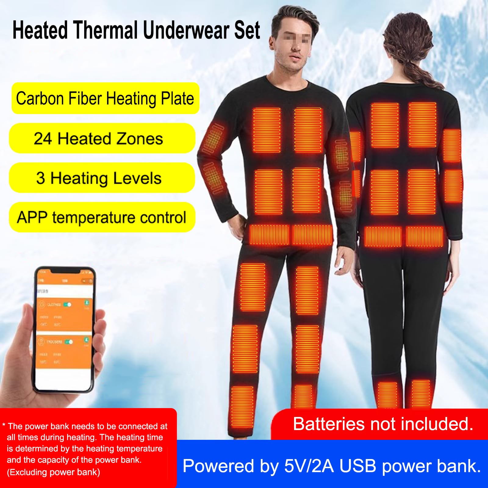 Set di Biancheria Intima Termico Riscaldata per Uomo Donna, Tuta Termica USB con Controllo della Temperatura App, Intimo Termico con Top + Pantaloni Riscaldati per Sport Caccia Sci,M,Men