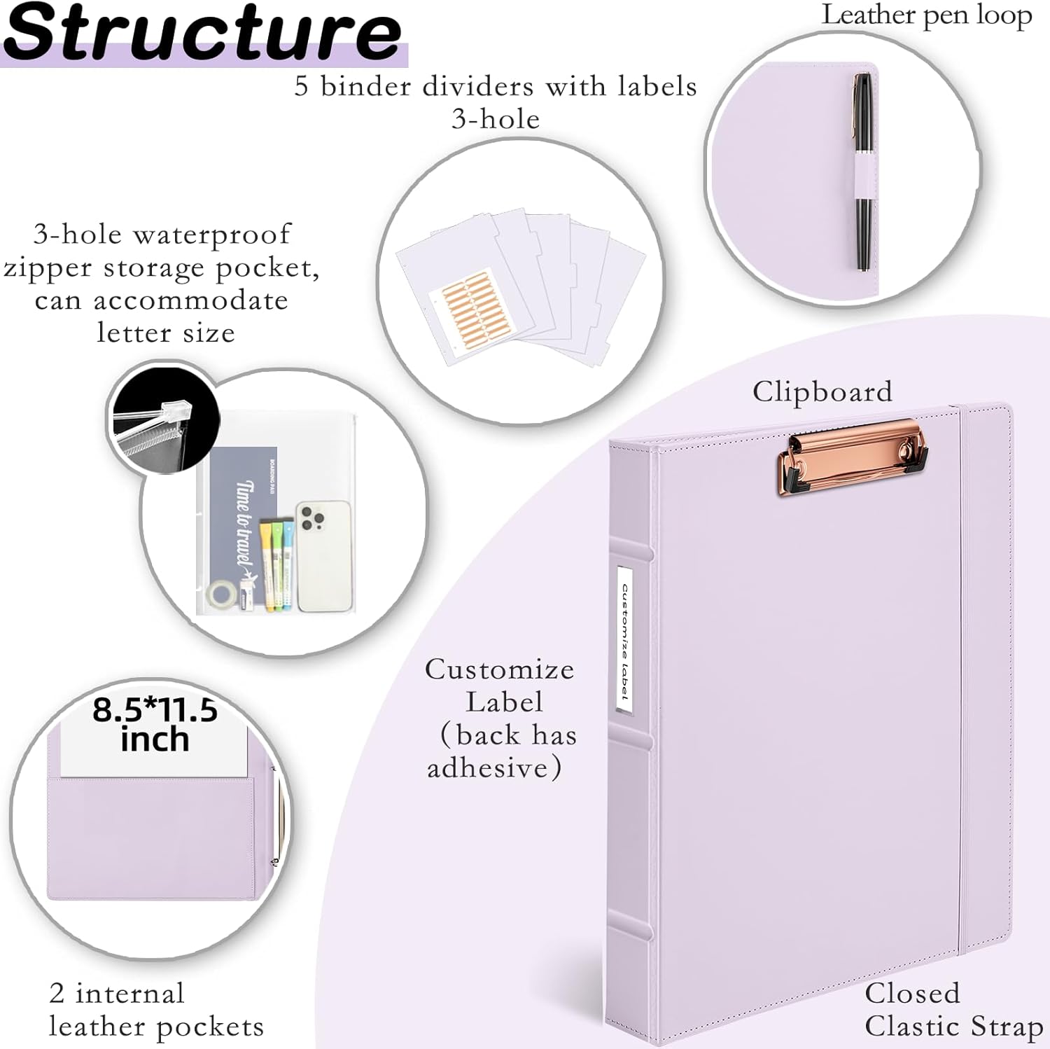Hardcover 3 Ring 1 Inch Leather Binder, Letter Size Dividers With Tabs, PVC Zipper Pouch, Professional Organizer, Faux Lavender Purple Leather