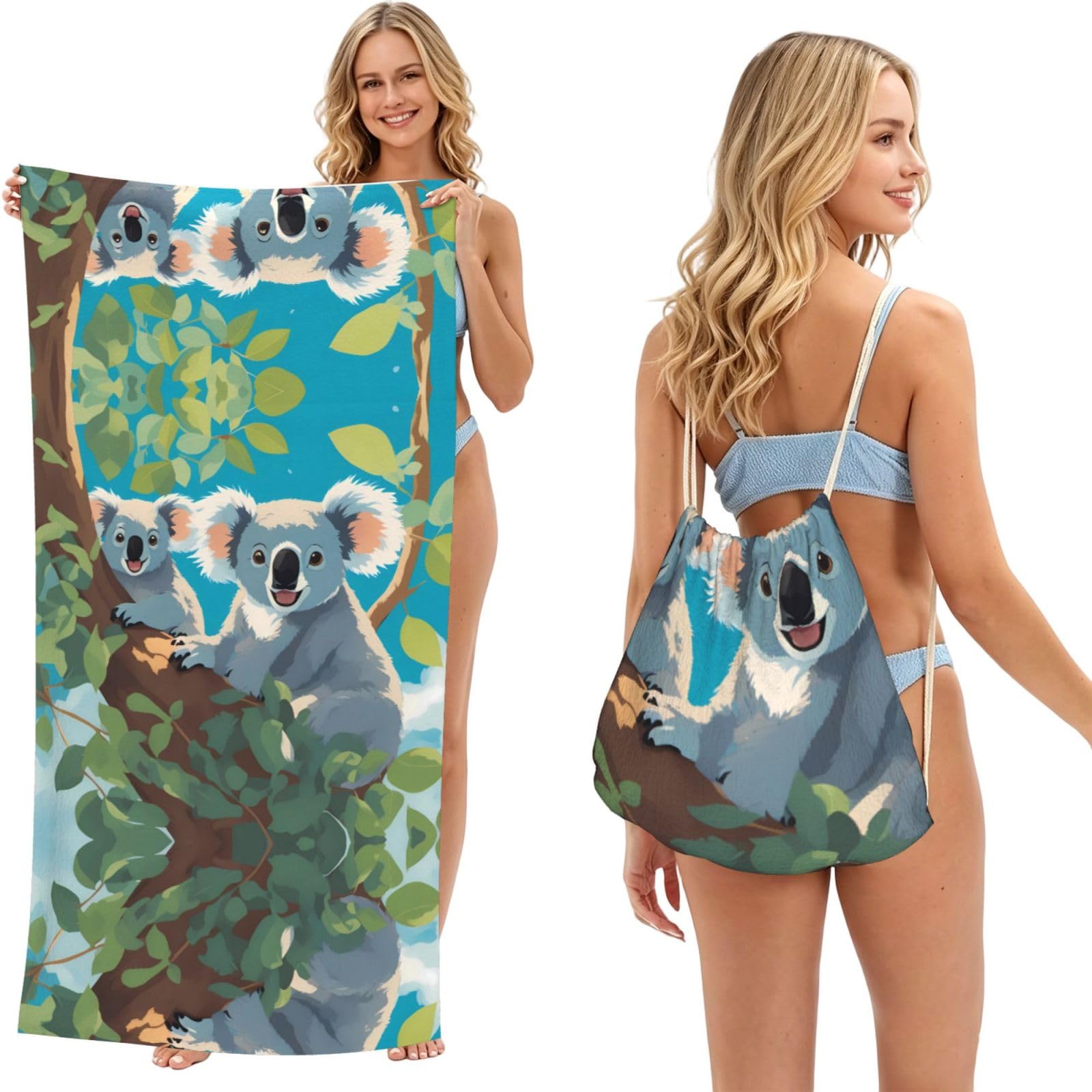 SXZVVBN Two happy koalas 2-in-1 Beach Towel Bag, Quick Dry Sand Free Travel Towel Backpack for Adults