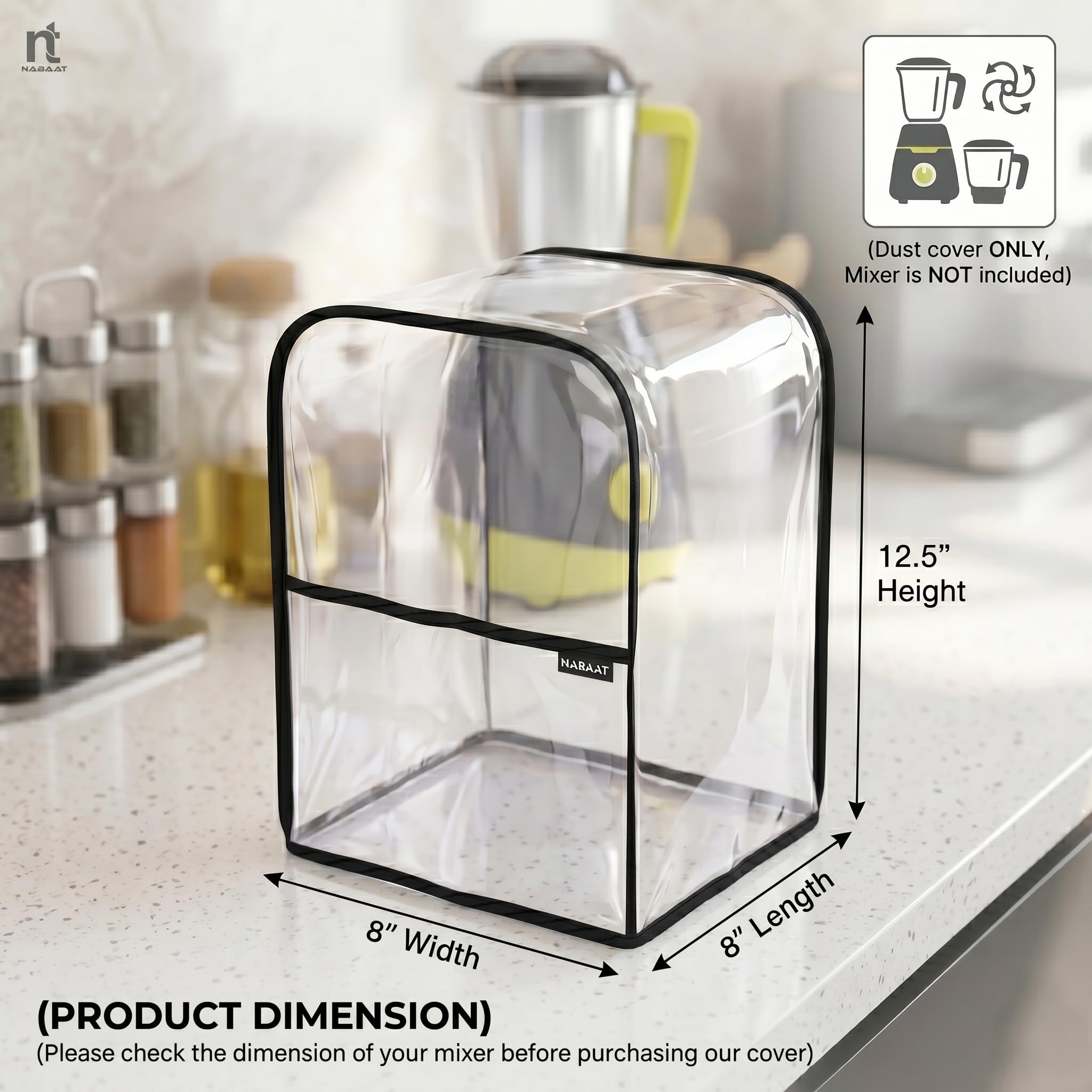 NABAAT Plastic Transparent Waterproof Mixer Grinder Dust Cover For All Types Of Mixie Kitchen Table Top, With Front Pocket To Store Small Kitchen Accessories, Transparent (8"X 8"X 12.5") — Amazon image 2