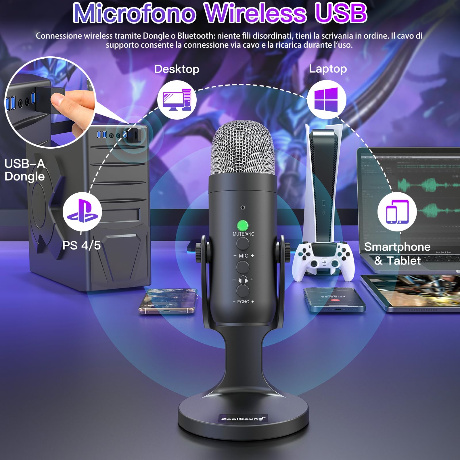 ZealSound Microfono wireless,microfono USB per *Phone/PC/iPad/Android Phone-microfoni da tavolo a condensatore senza fili con monitoraggio dell'eco muto, Bluetooth 2,4 GHz per Podcast/ASMR/Video