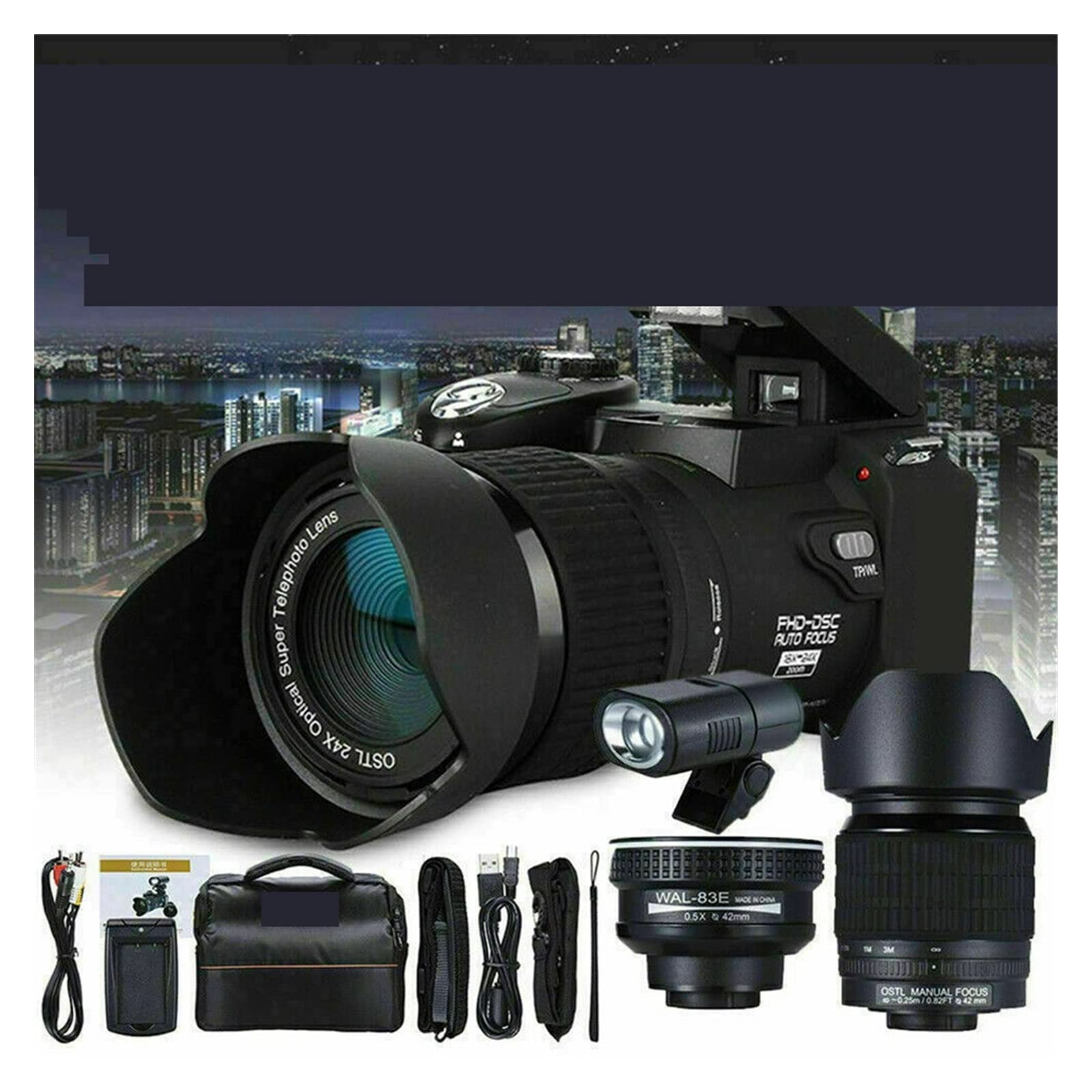 Videocamera con videocamera 4K Fotocamera digitale grandangolare Teleobiettivo con zoom ottico 24X Videocamera 1080P HD 3quot;Schermo Kit fotografico con messa a fuoco automatica da 33 MP Videocamera