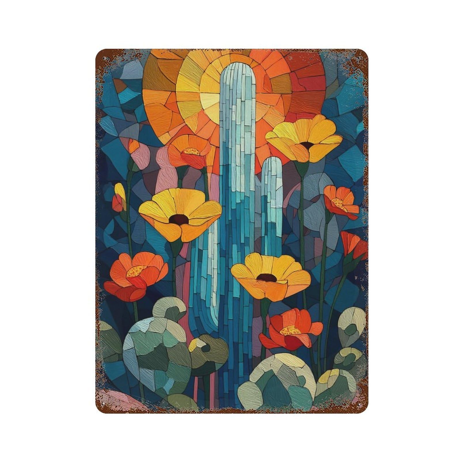Decorative Tin Sign with Stained Glass Garden Scene Design 15.7"x11.8", for Garage, Bar And Workshop Decor, Farmhouse Wall Decor