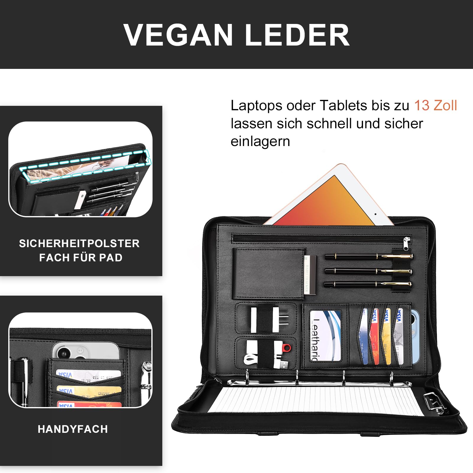 Leathario Schreibmappe A4 mit 5er Register DIN A4，Konferenzmappe mit 4 Ringbuch，Dokumentenmappe mit Reißverschluss，Griff，Klemmbrett,Ordner für Meeting, Business,Mappe für Schule, Uni Schwarz