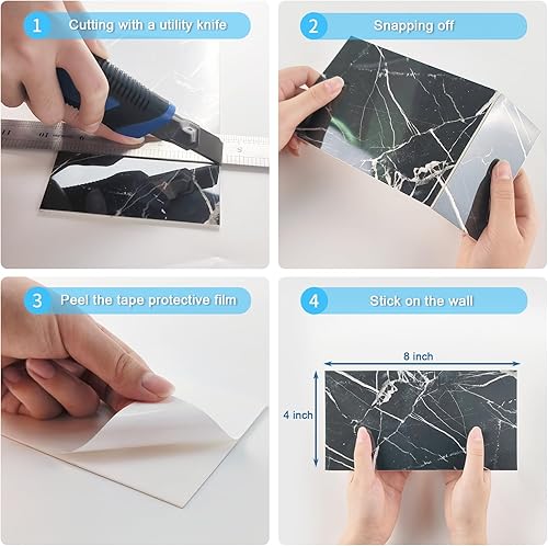 Miniatura 5 de URCOLOR Azulejos de pared de 32 piezas para despegar y pegar, 4 x 8 pulgadas, PVC negro brillante mármol palo en azulejos de metro para cocina,