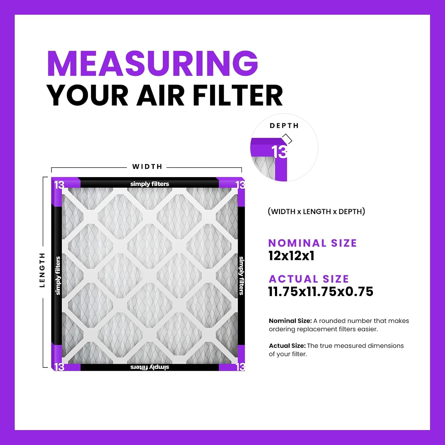 Simply 12x12x1 Air Filter, Merv 13, MPR 1500, 6 Pack, Furnace Air Filter for HVAC (Actual Size: 11.75"x11.75"x0.75") DUST, Pet, & Allergy Control