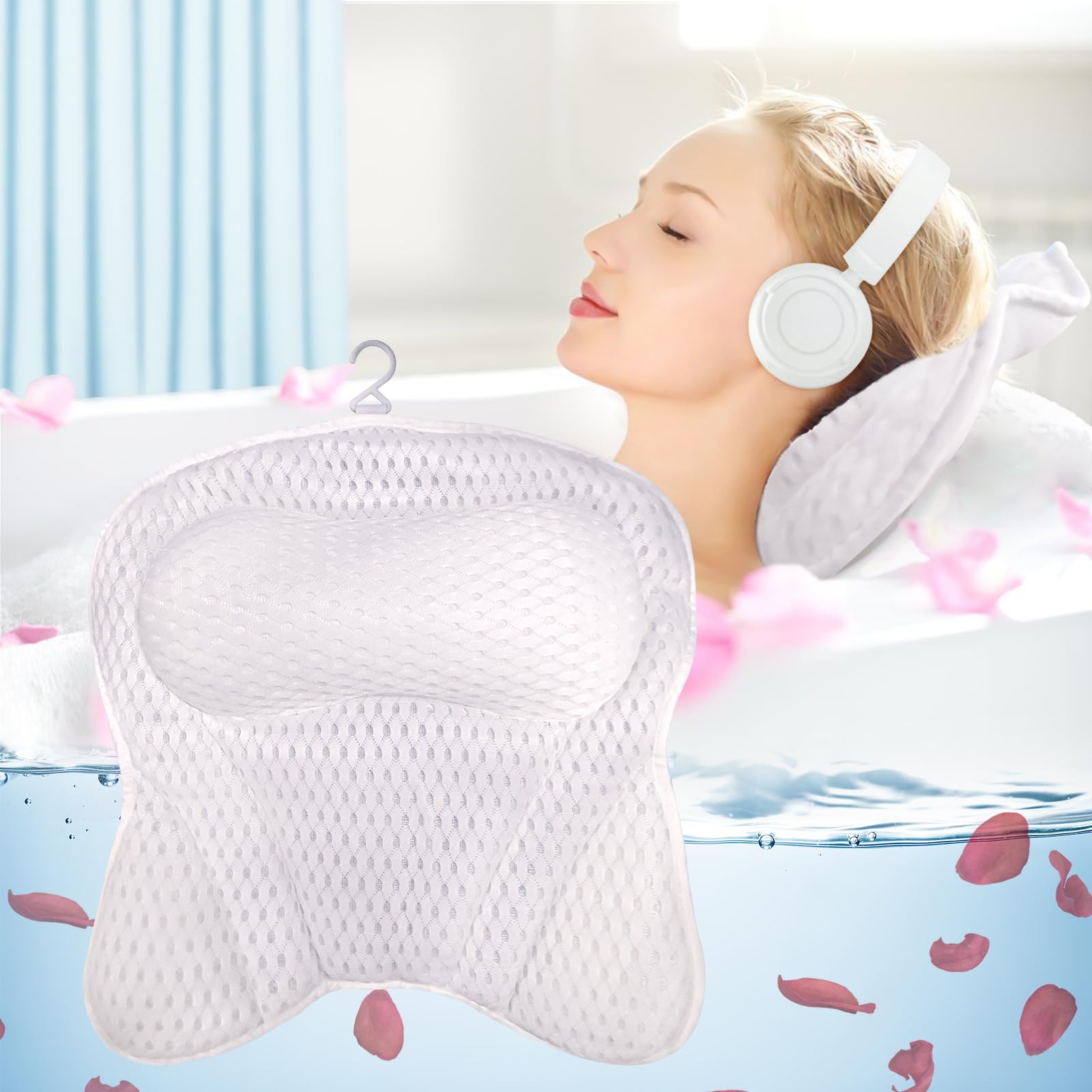 Almohada Bañera,Malla 4D Almohada de Baño,Almohada para Bañera con 6 Ventosas Antideslizantes,Cojín de baño,Puede soportar la Cabeza,el Cuello,la Espalda,para Bañera de Hidromasaje（Blanco）