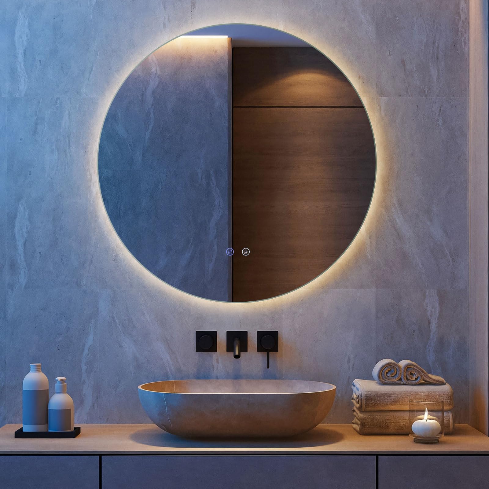 COSTWAY 600mm/700mm Round Bathroom Mirror with LED Lights, Anti-Fog Illuminated Backlit Wall Mounted Vanity Mirror with 3-Color Dimmable, Memory, Circle Tempered Glass Makeup Wall Mirrors, IP44 (70cm)