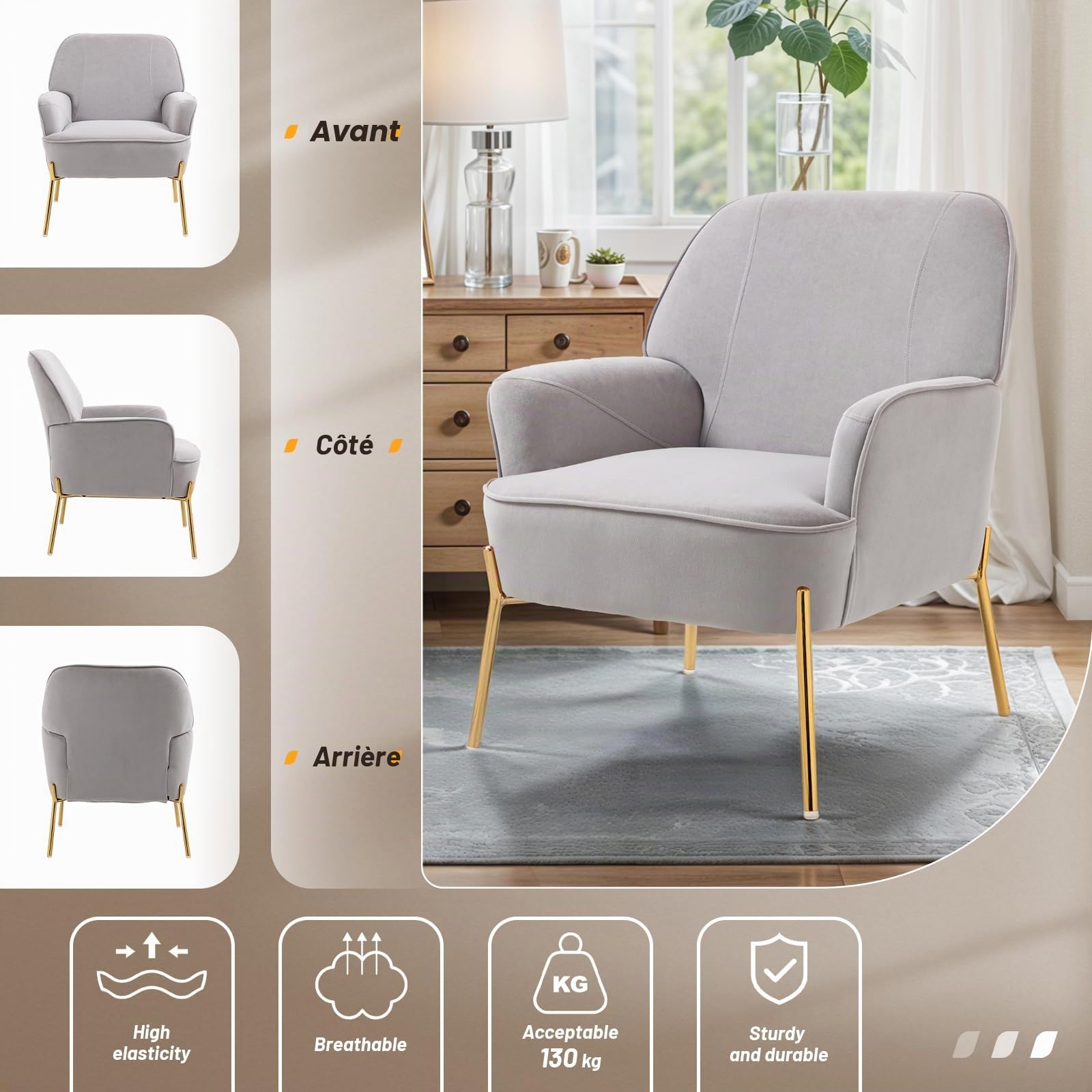 SEPNINE Fauteuil en Velours Confortable avec Accoudoirs, Assise Épaisse et Pieds en Métal, Chaise Relax pour Salon ou Chambre- Jusqu'à 135 kg