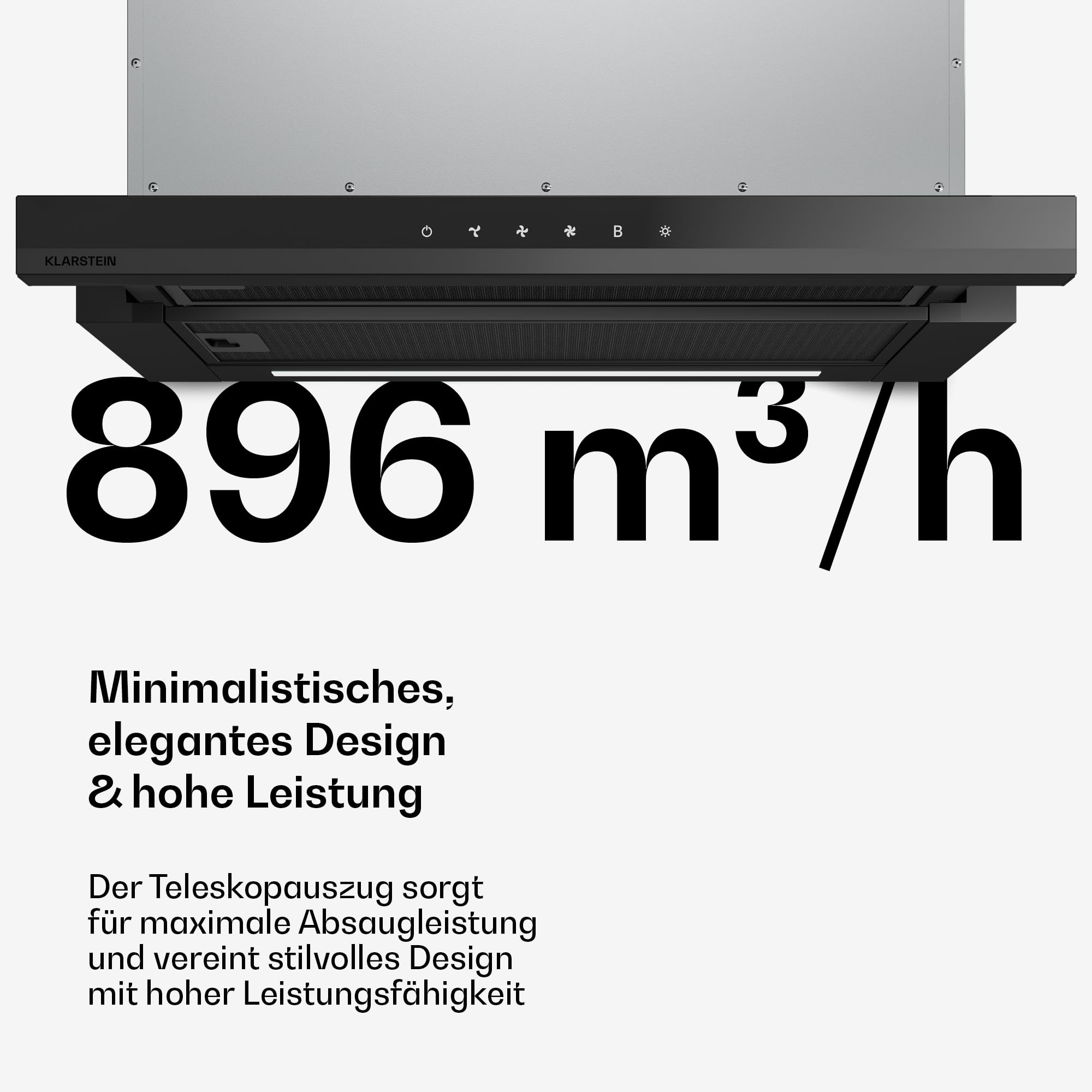 Klarstein Velaire Dunstabzugshaube 60cm, Unterbau, Ausziehbar, 896 m³/h Boost, Touch, Energieklasse A++, LED, Leise, Aluminium- & Aktivkohlefilter, Unterbauhaube Küche, Schwarz