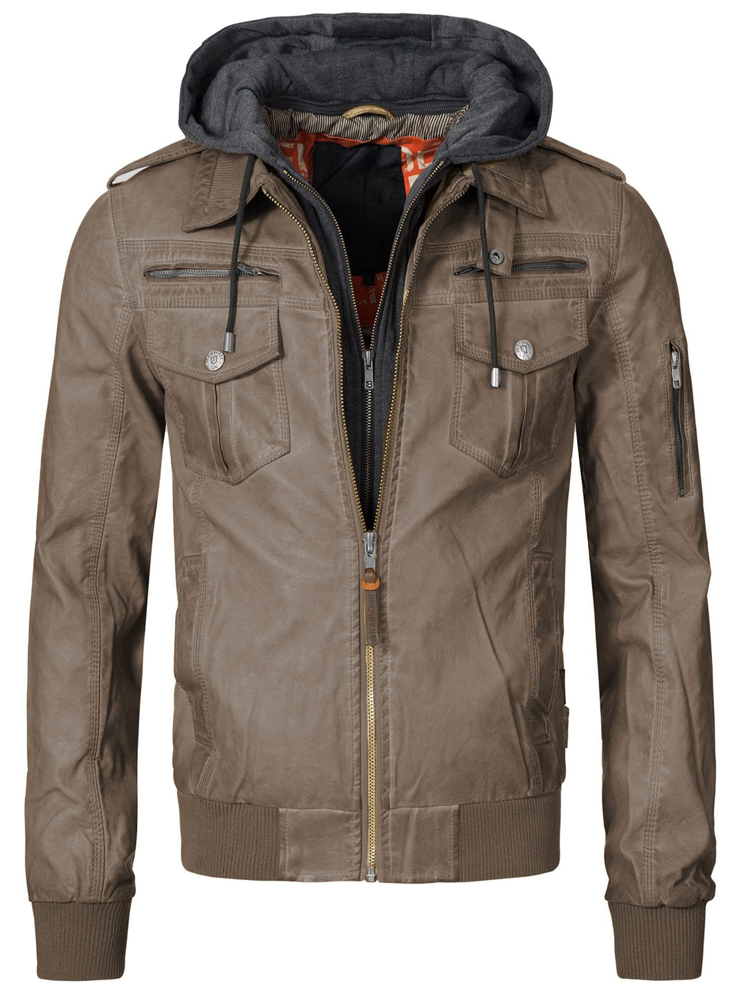 Indicode Herren Aaron Lederjacke mit abnehmbarer Kapuze Übergangsjacke