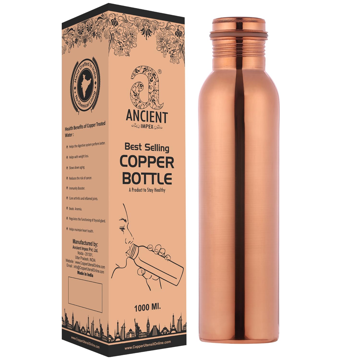 ANCIENTIMPEX Pure Copper Water Bottle 1000ml – (Plain) Seamless Leak-proof Ayurvedic Drinking Bottle for Detox, Immunity & Daily Hydration | Eco-Friendly & Reusable