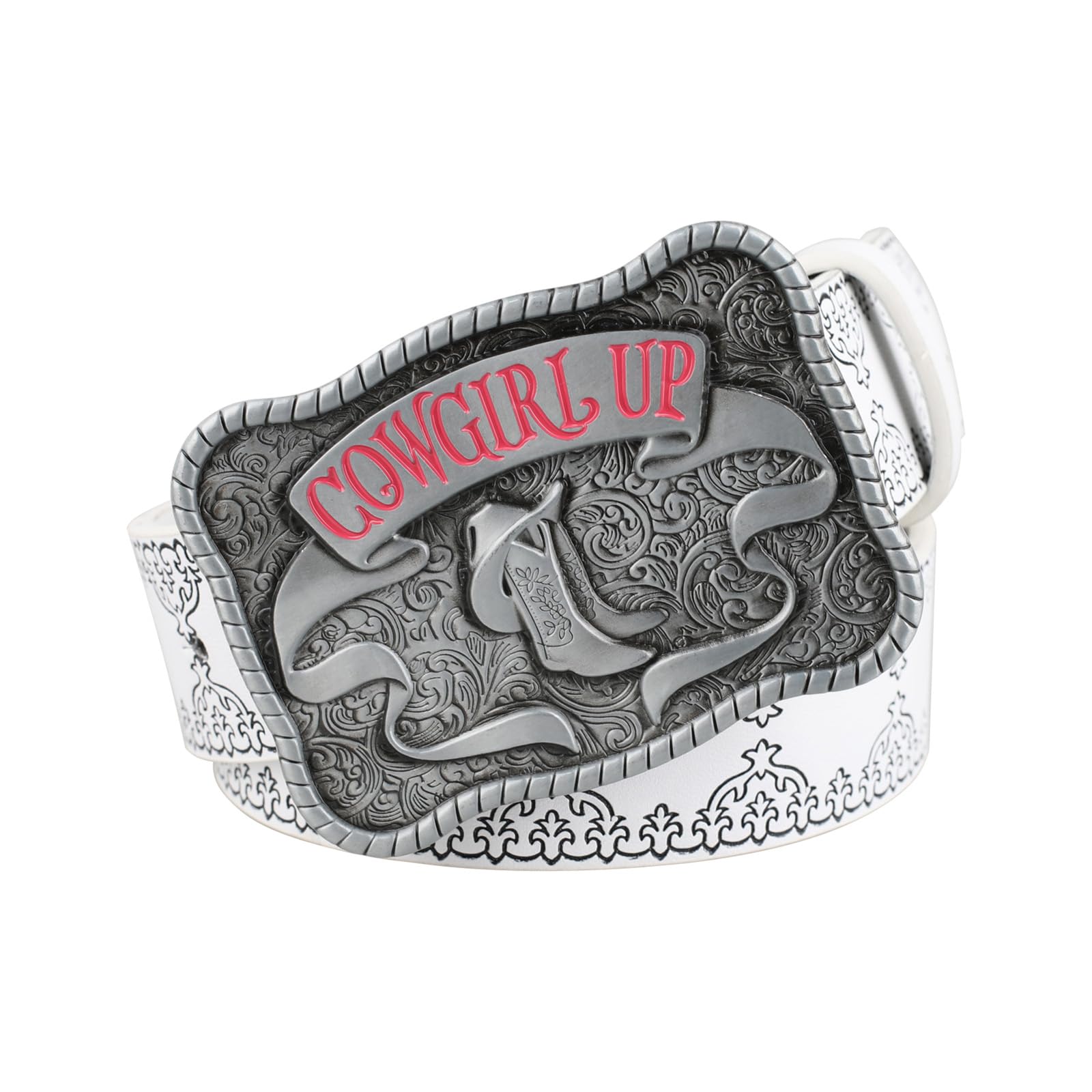 Yrsheng Women's White Western Leather Belts For Cowboy Cowgirl Belt, Country Boho Belt,Engraved Buckle Embossed Belts,,130Cm/51.2''