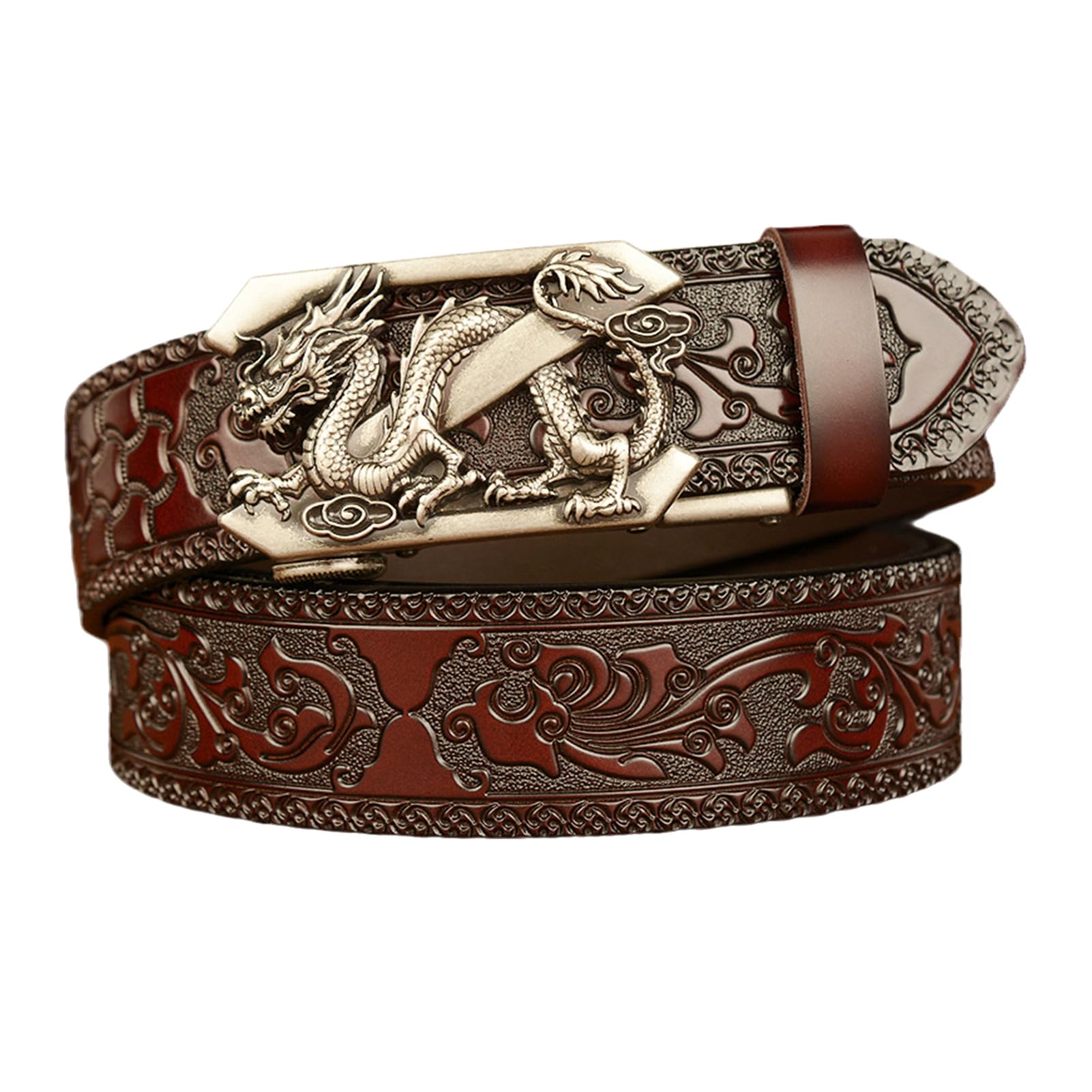 Cinturón De Cuero Con Trinquete Deslizante Lobo Plateado Grabado En Relieve Hebilla Automática Ajustable Occidental Clásico 115 Cm Se Adapta A Cinturas 38 "-40" Negro
