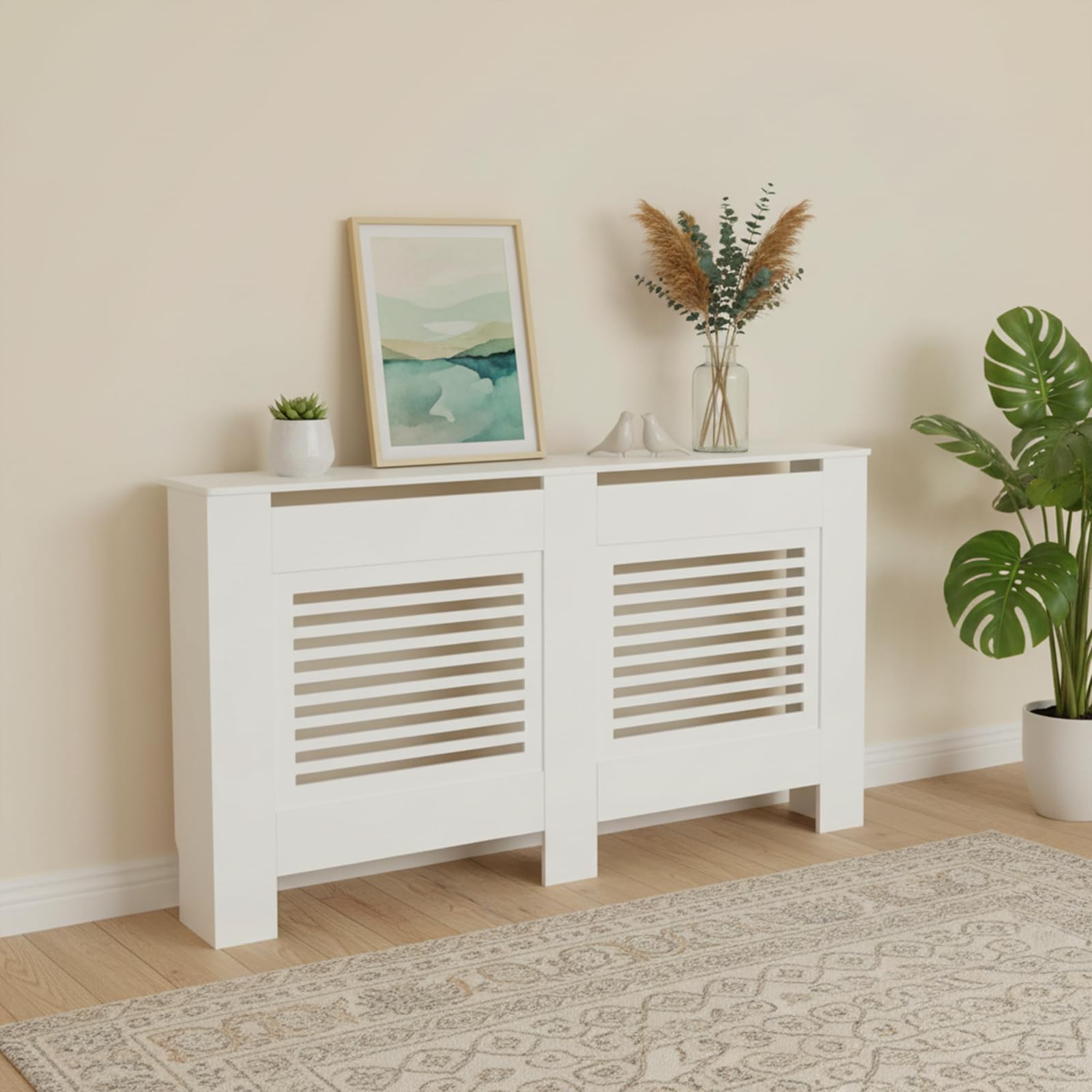 Buybyroom Buffets Altos, Cubierta Radiador, Cubierta Radiador Madera, Lattes Horizontales, para Salón, Dormitorio, Pasillo, 152 X 19 X 82 cm, MDF Blanco