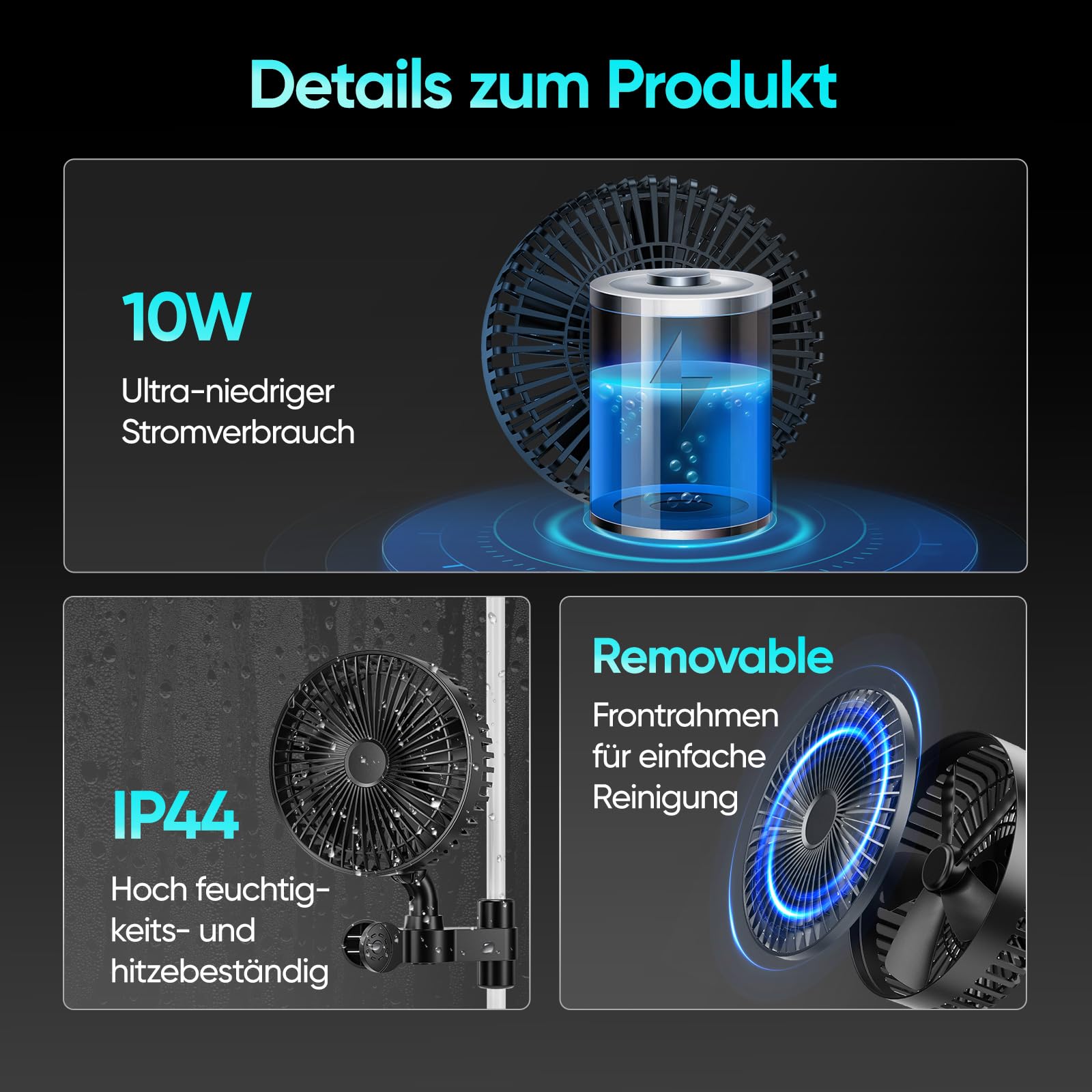 Ventilatore a 4 livelli da 10 W con clip: oscillazione automatica a 45° e inclinazione a 90°, 2200 giri/min, max 32DBA silenziosa con clip per Growbox con durata di 50.000 ore, ventola di serraggio