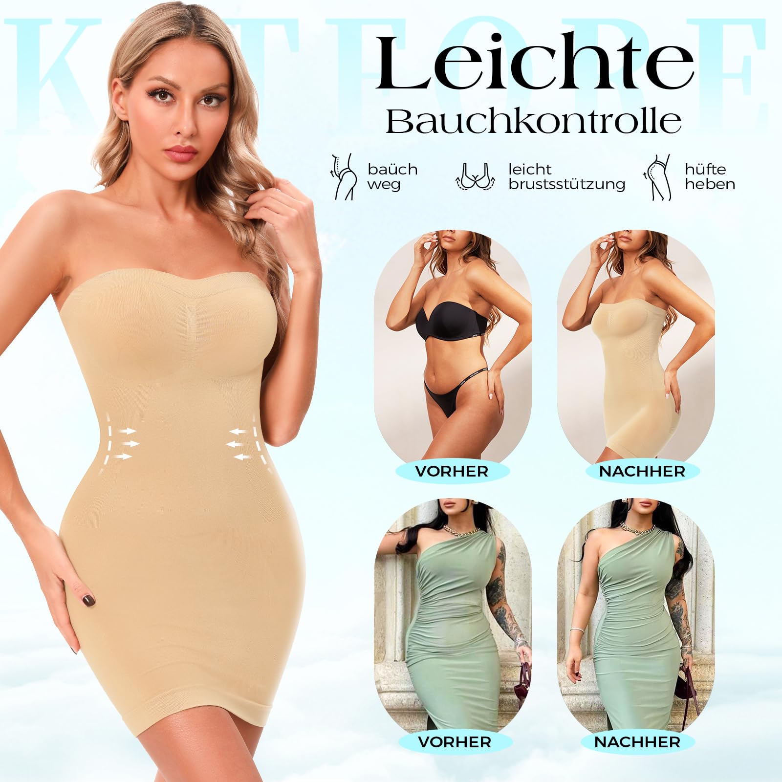 Strapless Miederkleid Damen mit abnehmbaren Trägern Bauchweg Shapewear Kleid nahtlose Figurformende Unterkleid Trägerloser Full Slips Dress