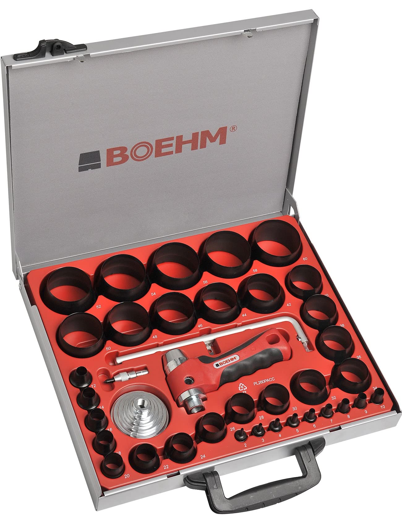 BOEHM JBL260PACC - Juego de hierro perforado, 2-60 mm, incluye soporte, disco de recepción, punta de centro, varilla con compás y cuchillo de repuesto en maletín de metal