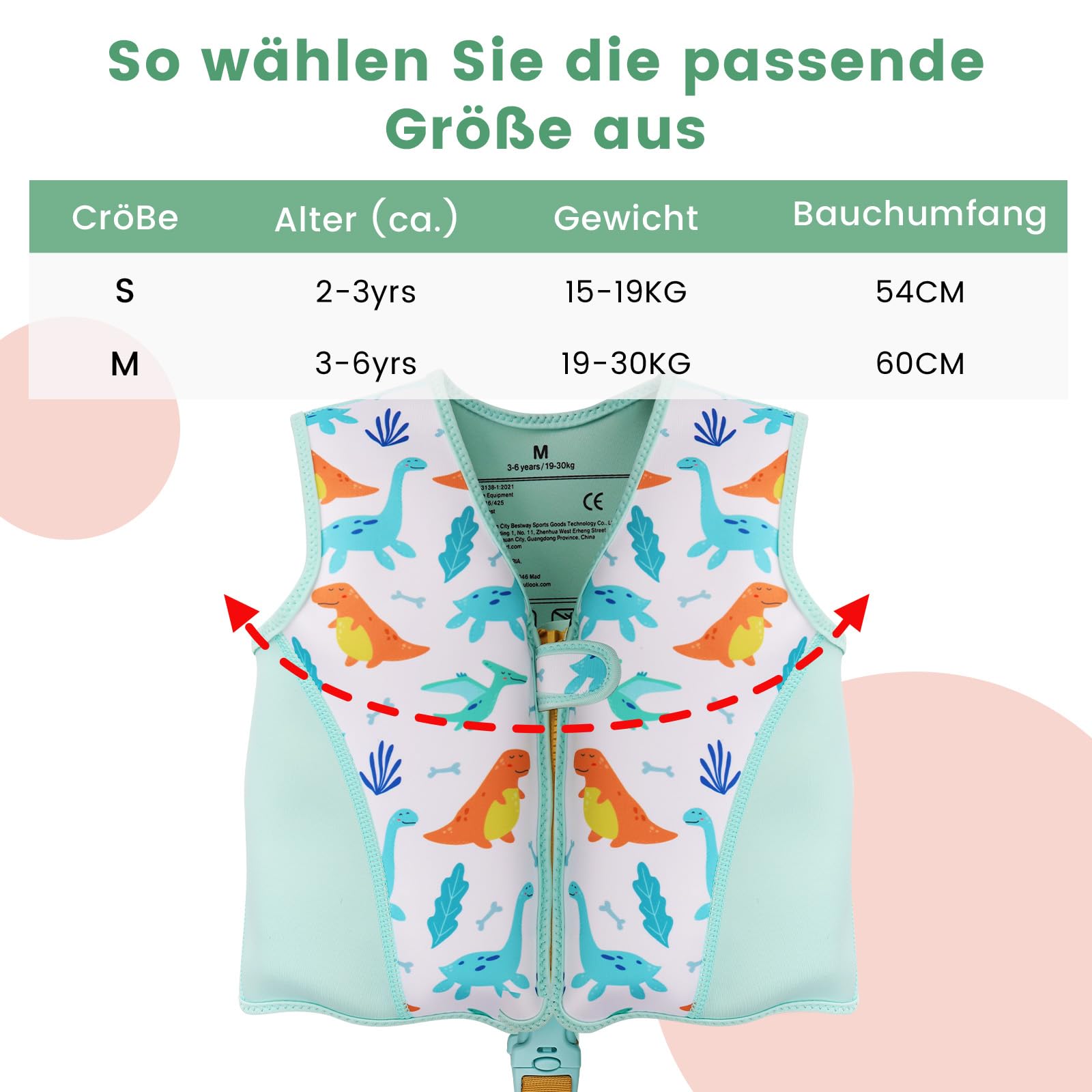 Parner Schwimmweste Kinder für 2–6 Jahre (15-30 kg), Kinder Schwimmhilfe mit Variablen Auftriebskörpern, weicher Neopren - Komfort, mit Transportbeutel,Beingurt und langem Reißverschluss