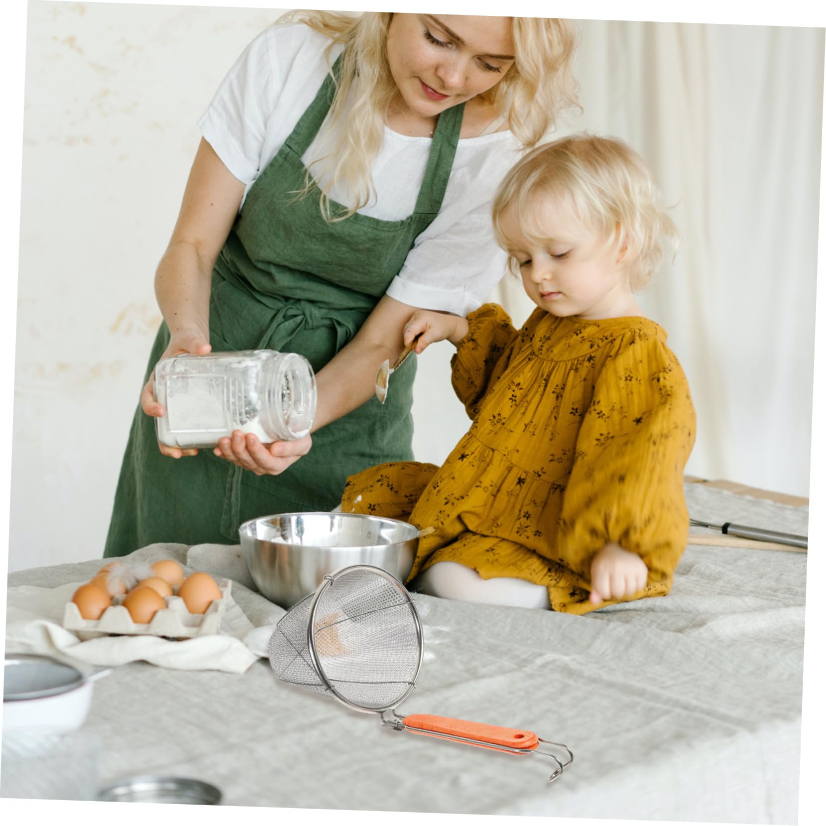 LABRIMP Colador de Acero Inoxidable para Fideos y Pasta con Mango de Madera de 14 Cm, Cesta Escurridora Resistente y Ligera, Utensilio de Cocina Adecuado para Cocción y Escurrido, Juego