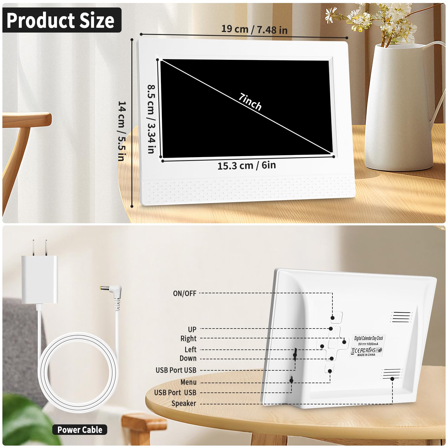 7" Pouce LCD Horloge Numérique, Calendrier avec Date Jour Et Heure Non-Abrégée Auto Dimming, 10 Langues HD Display Rappel pour Alzheimer Personnes Âgées Enfants (Blanc)