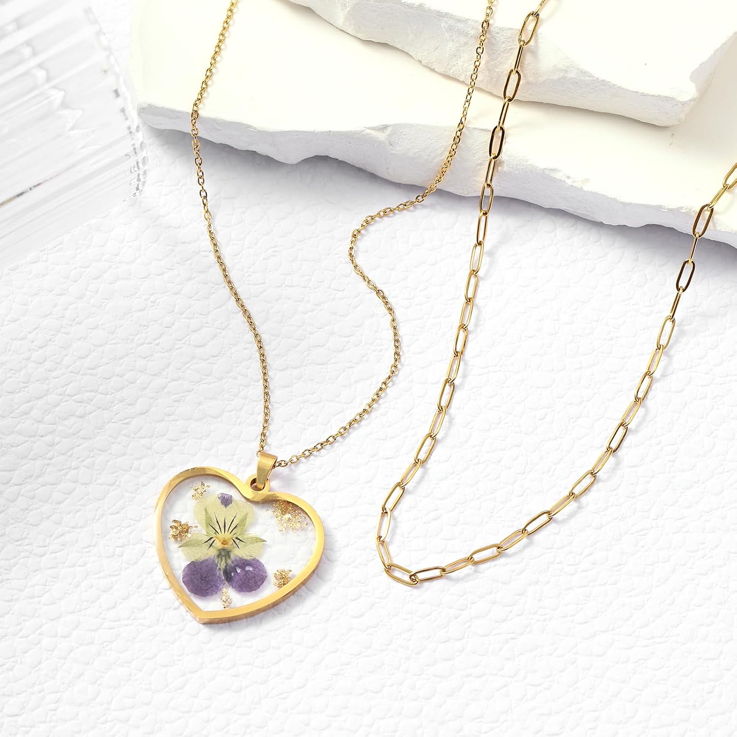 Lit Wall Birth Flower Necklaces for Women Gold 2Pcs 18K Gold Plated Handmade Pressed Flower Necklace Heart Shaped Birth Month Flower Necklace Flower Pendant Necklace Birthday Gifts for Women - Image 6