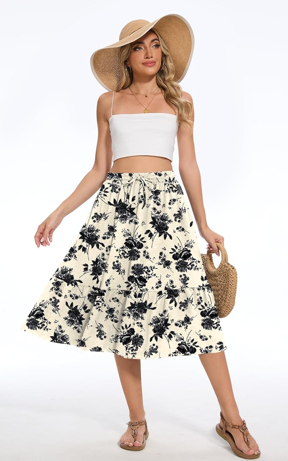 Women's Midi Skirt Summer Tiered Flowy High Waisted Casual Skirts with Pockets - Image 4