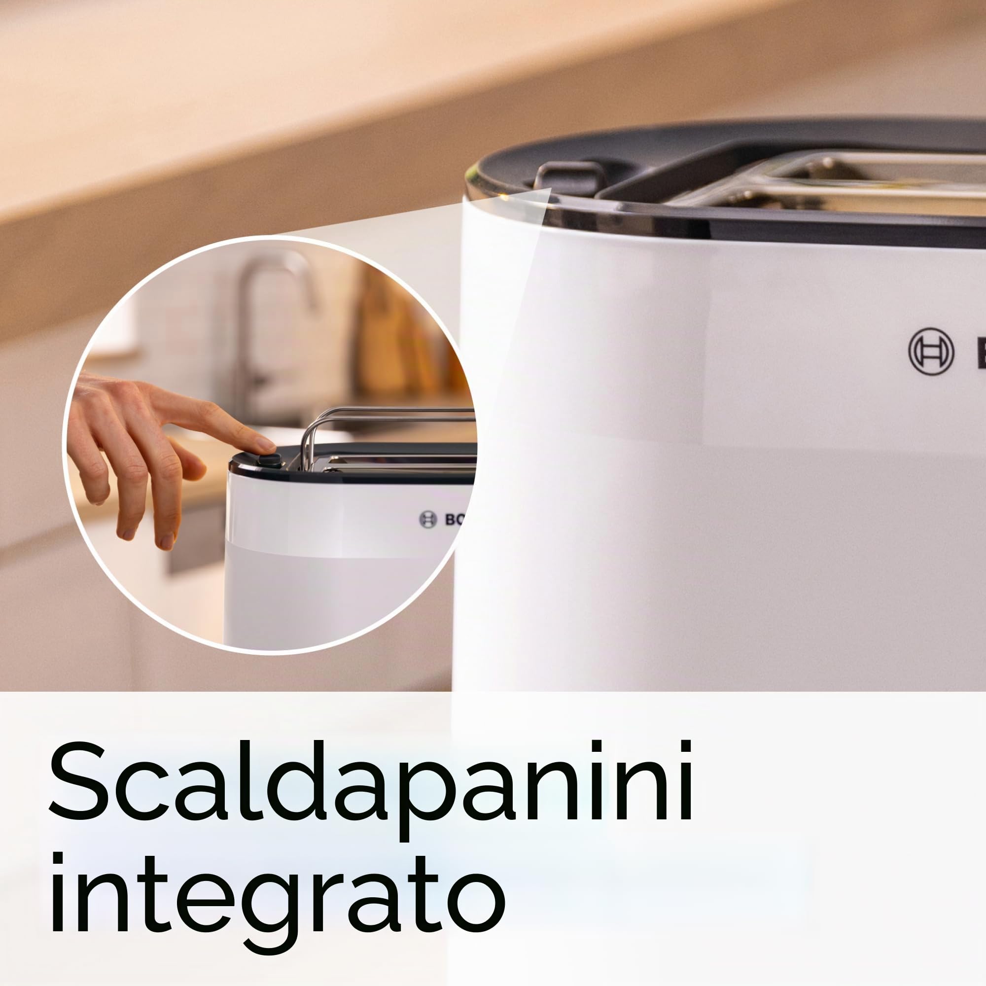 Bosch MyMoment TAT2M121 - Tostapane compatto con funzione di scongelamento, con funzione di spegnimento automatico, funzione sollevamento, centraggio del pane, perfetto per 2 fette, 800 Watt, bianco