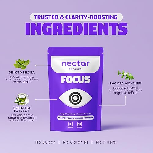 Miniatura 3 de Parches de enfoque de néctar  Apoyo cognitivo natural con ginkgo biloba, bacopa y magnesio para la memoria, parches neuros de claridad mental para