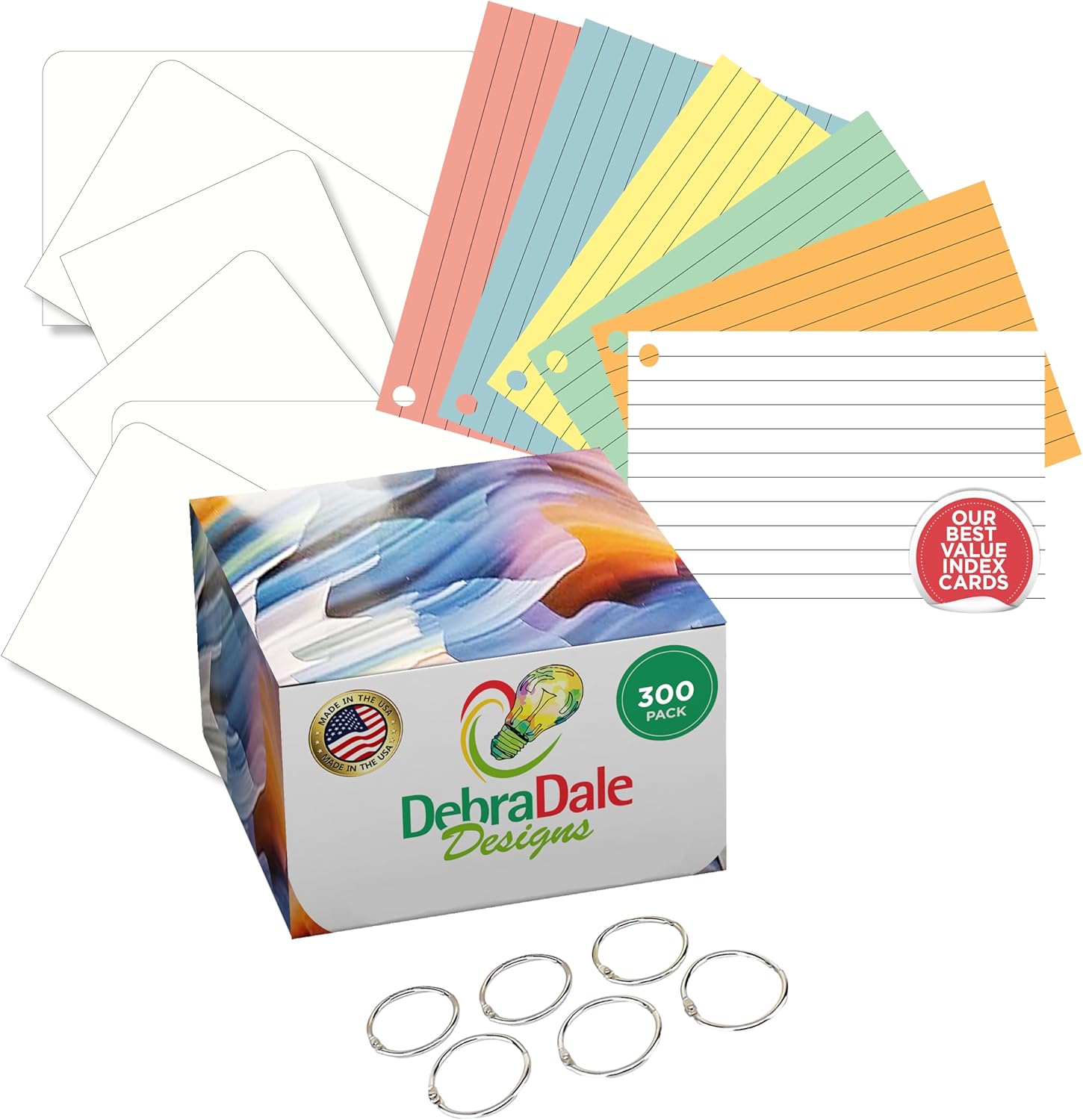 Debra Dale Designs Hole-Punched Ruled Index Cards – 300 Pack – 4" x 6" – 90 lb Stock – 6 Binder Rings + Divider Cards – Assorted Colors + White – with Storage Box – Made in USA