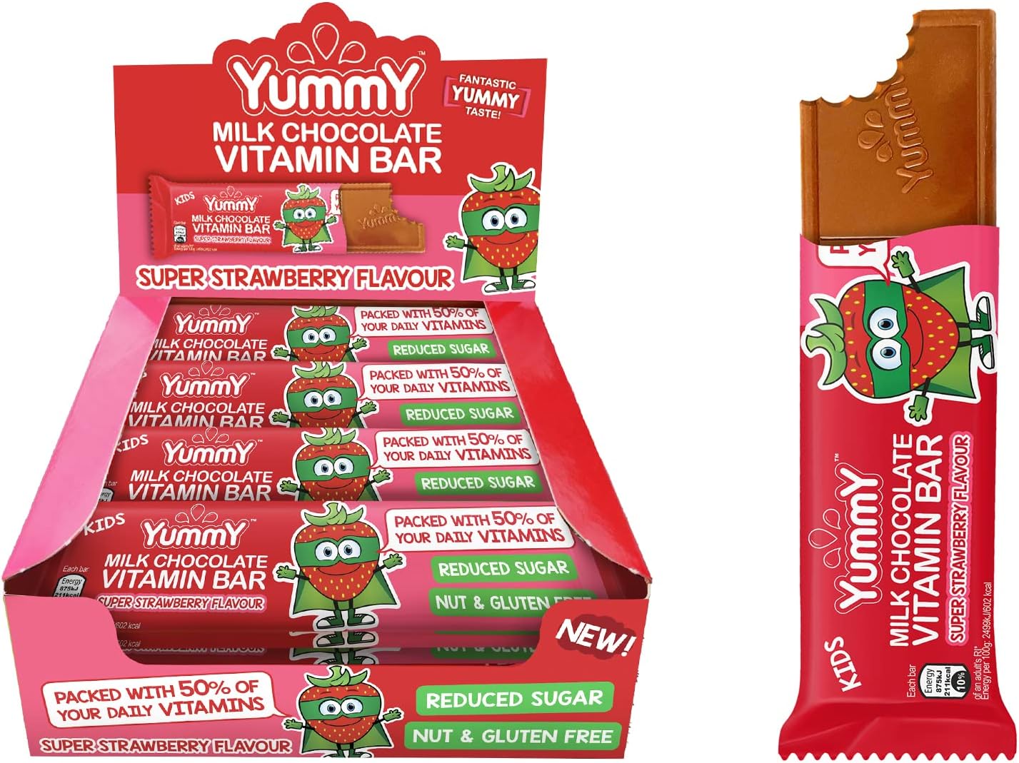 YUMMY Vitamin Chocolate Bar Super Strawberry Flavour 24 x 35g