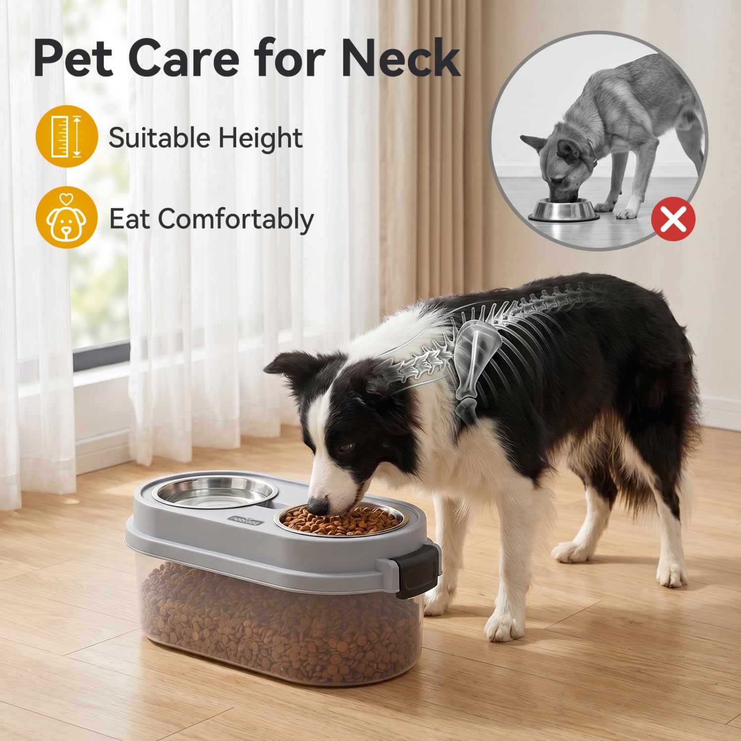 Nobleza 2 in 1 Ciotola per Cani Rialzata con Contenitore Ermetico, 5L + 2 * 400ml Ciotole in Acciaio Inossidabile – Alimentatore per Cani Piccoli e Medi, Grigio