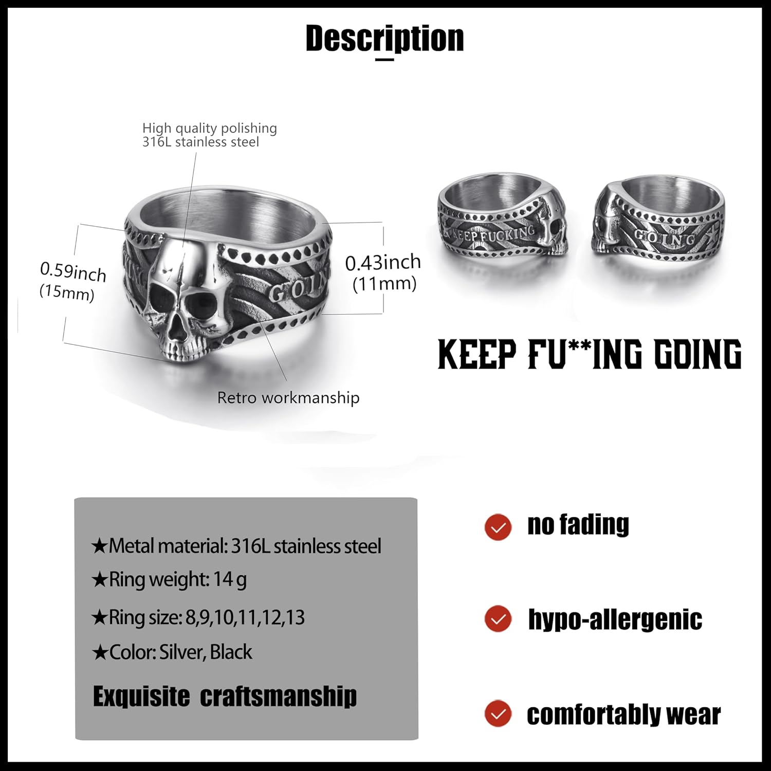 Vintage Ring Stainless Steel Gothic Skull Rings for Men Boy Band Silver Skeleton Cocktail Party Biker Ring Size 8-13 - Image 6