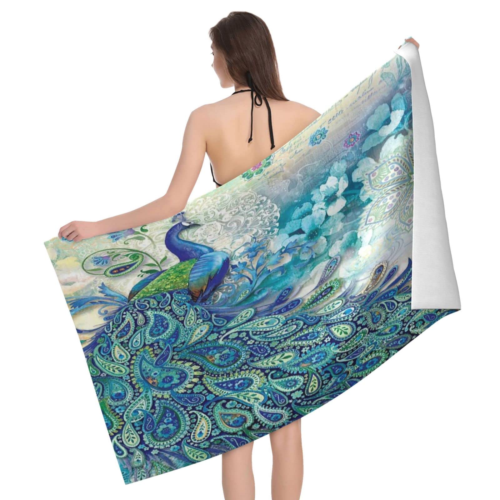 Lawenp Peacock Beach Towel, Lightweight Sand Free Quick Dry Microfiber Absorbent Bath Towel for Kids, Adults, Swimming, Bath, Yoga, Pool, Travel, Camping 32"X52"