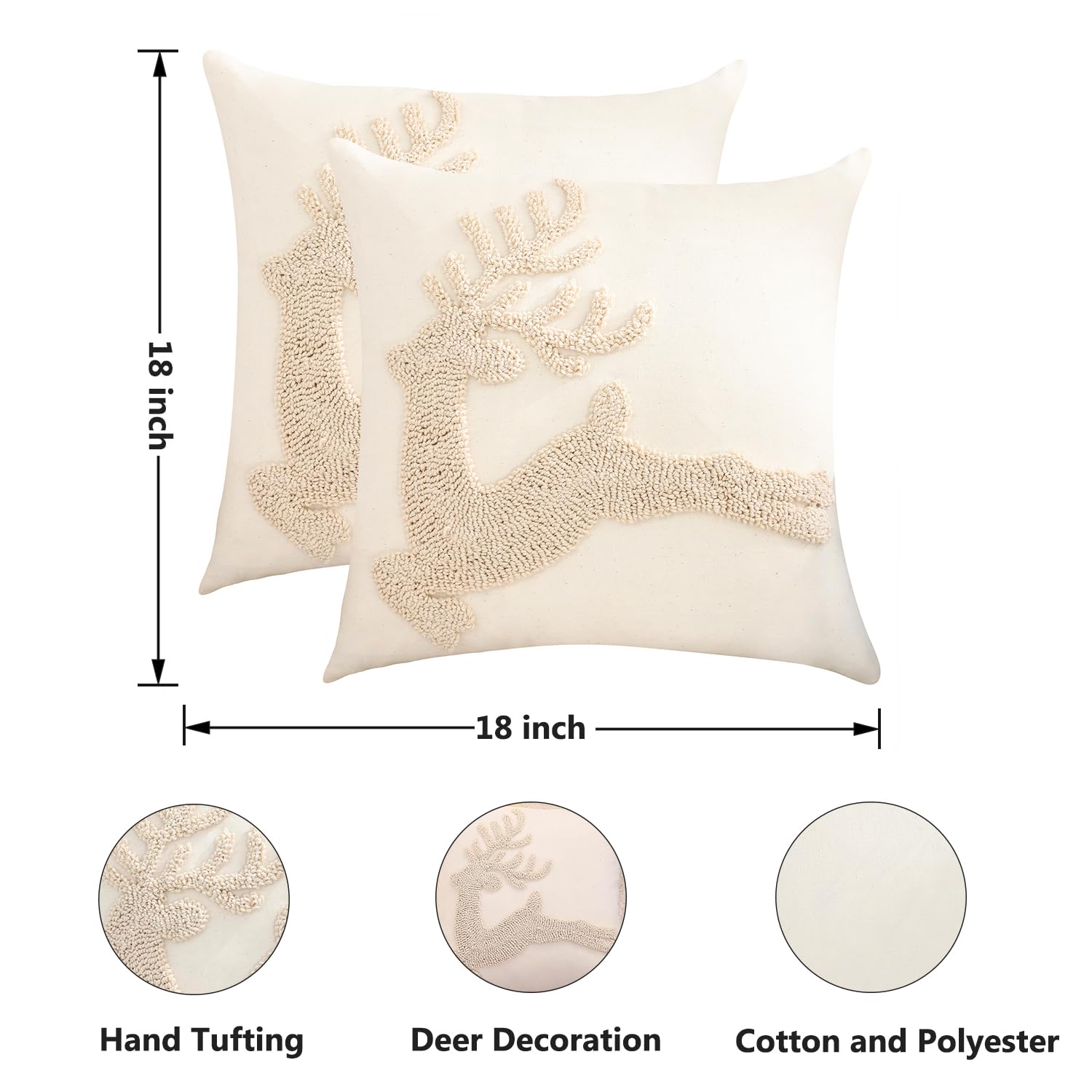 Tosleo Set of 2 Christmas Pillow Covers 18 x 18 inch Beige Christmas Deer Tufted Throw Pillow Covers Christmas Party Decor Winter Holiday Embroidery Cushion Case for Sofa Couch Bed Living Room - Image 4