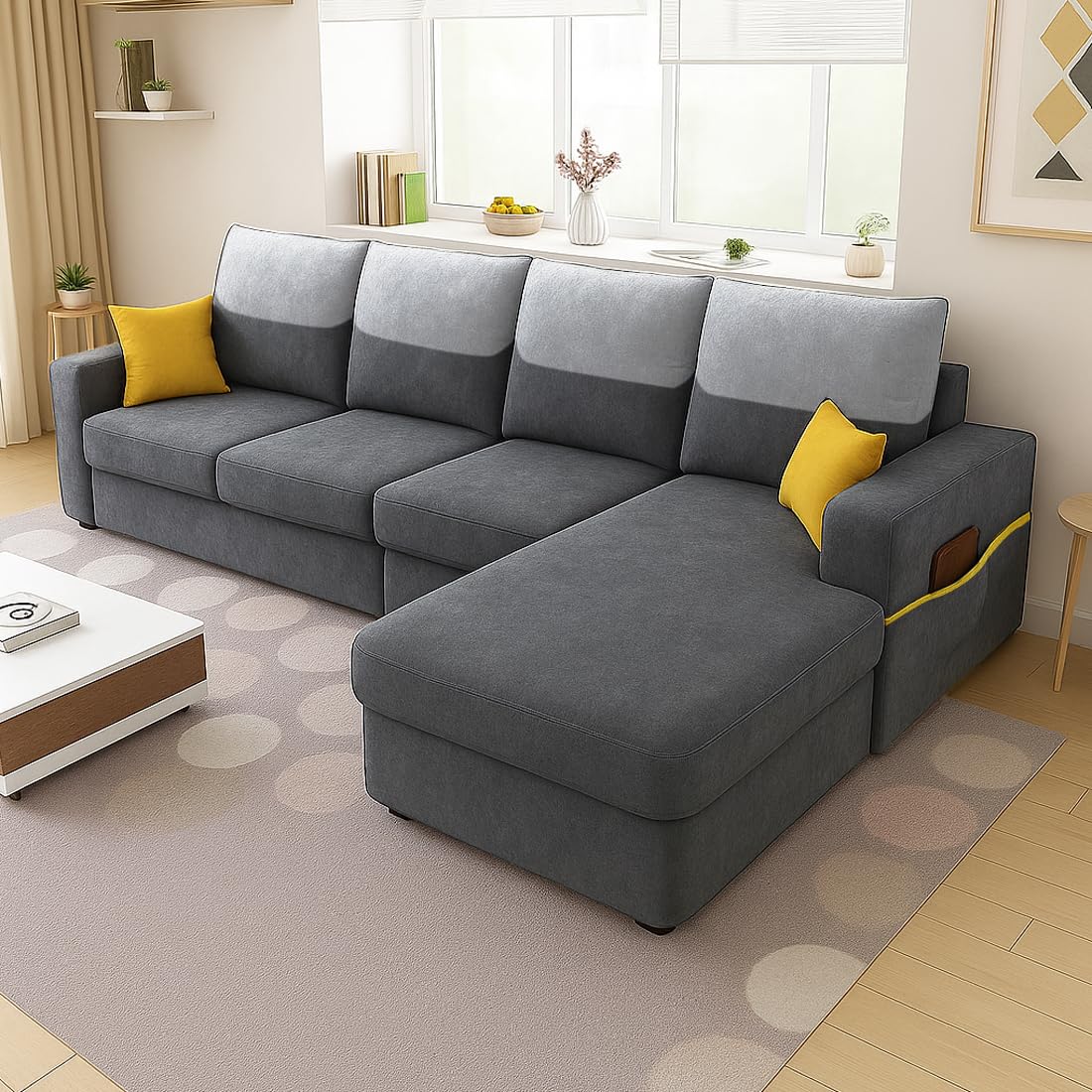FURNY Tokyo 6 Seater Fabric RHS L Shape Sofa Set (Dark Grey) | Premium Velvet Finish | Durable Comfort | Ideal for Living Room FURNY Tokyo 6 Seater Fabric RHS L Shape Sofa Set (Dark Grey) | Premium Velvet Finish | Durable Comfort | Ideal for Living Room